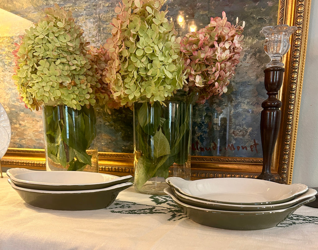 Vintage Hall China Olive Green & White Petite Casserole Serving Dishes – Set of 5