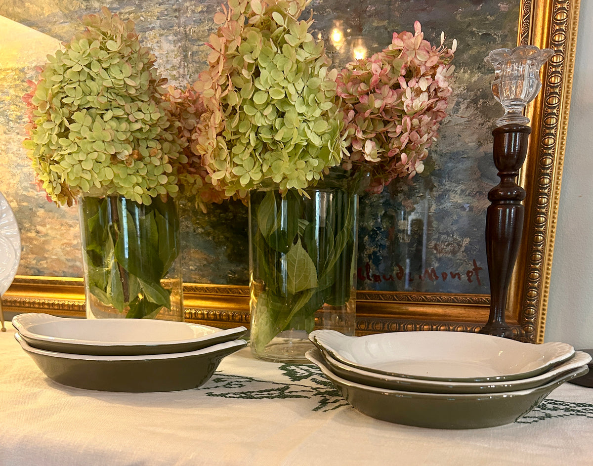 Vintage Hall China Olive Green & White Petite Casserole Serving Dishes – Set of 5