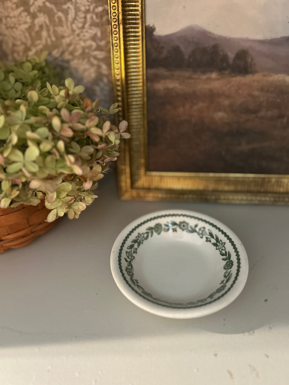 Vintage Buffalo China Green Floral Trinket Dish