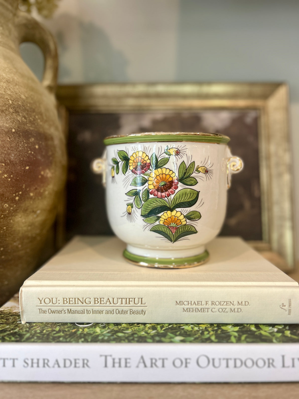 Vintage Italian Hand-Painted Floral Cachepot With Scroll Handles