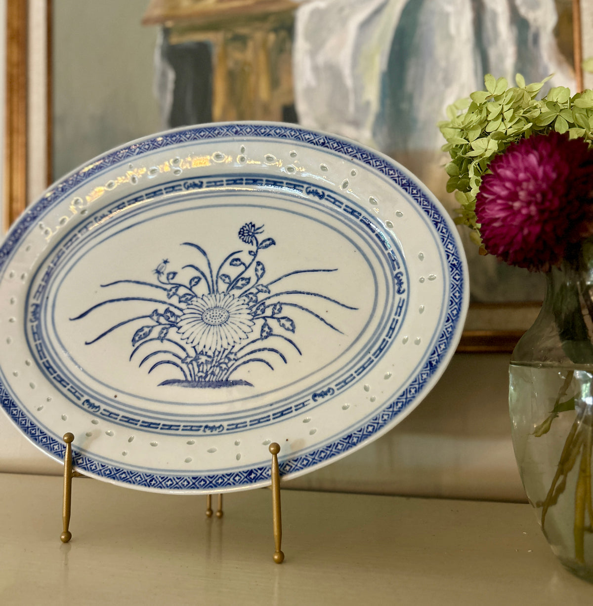 Vintage Chinese Blue & White Chrysanthemum Rice Grain Platter