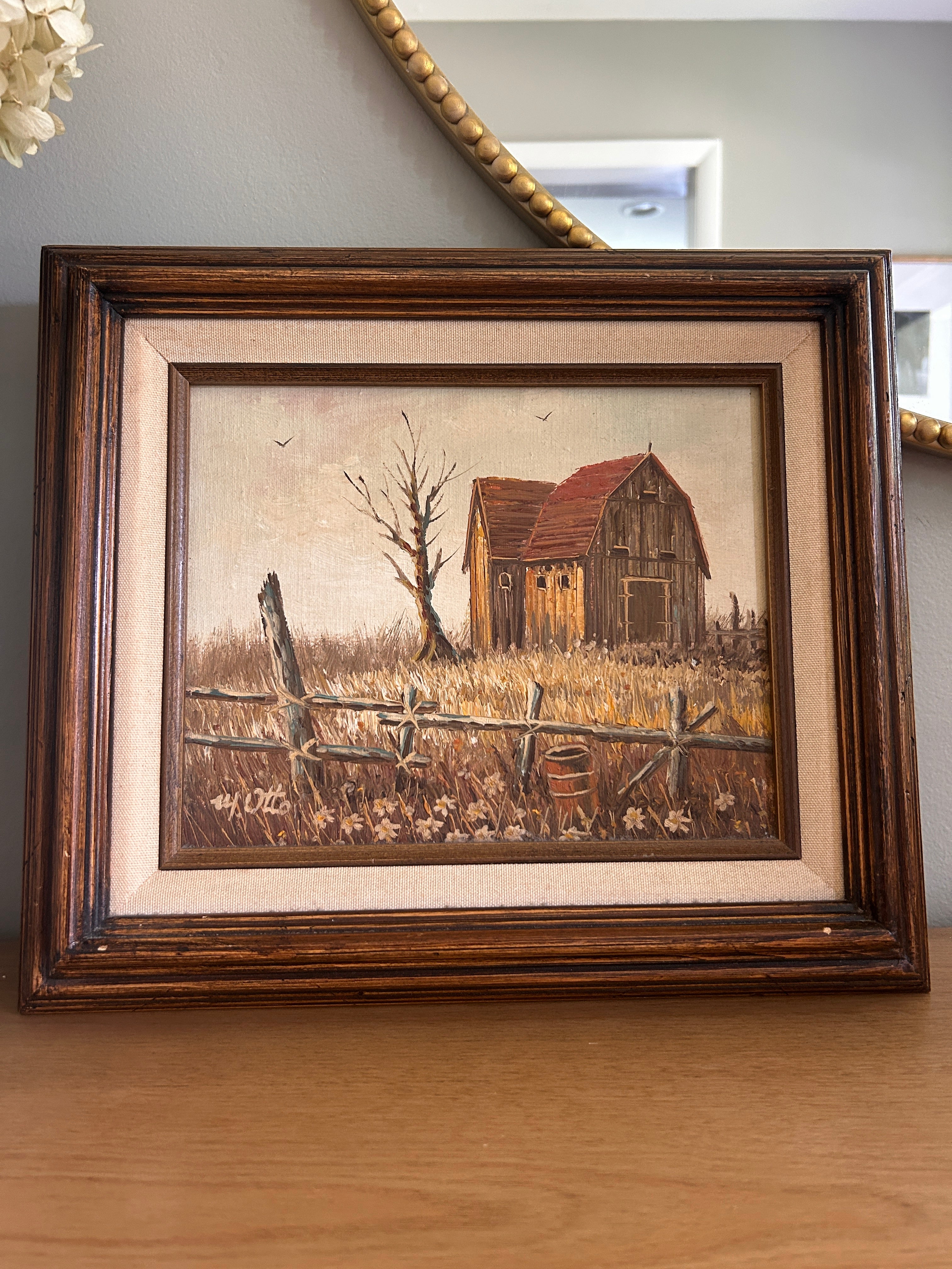 Vintage Original Signed Barn Landscape Oil Painting in Wood Frame