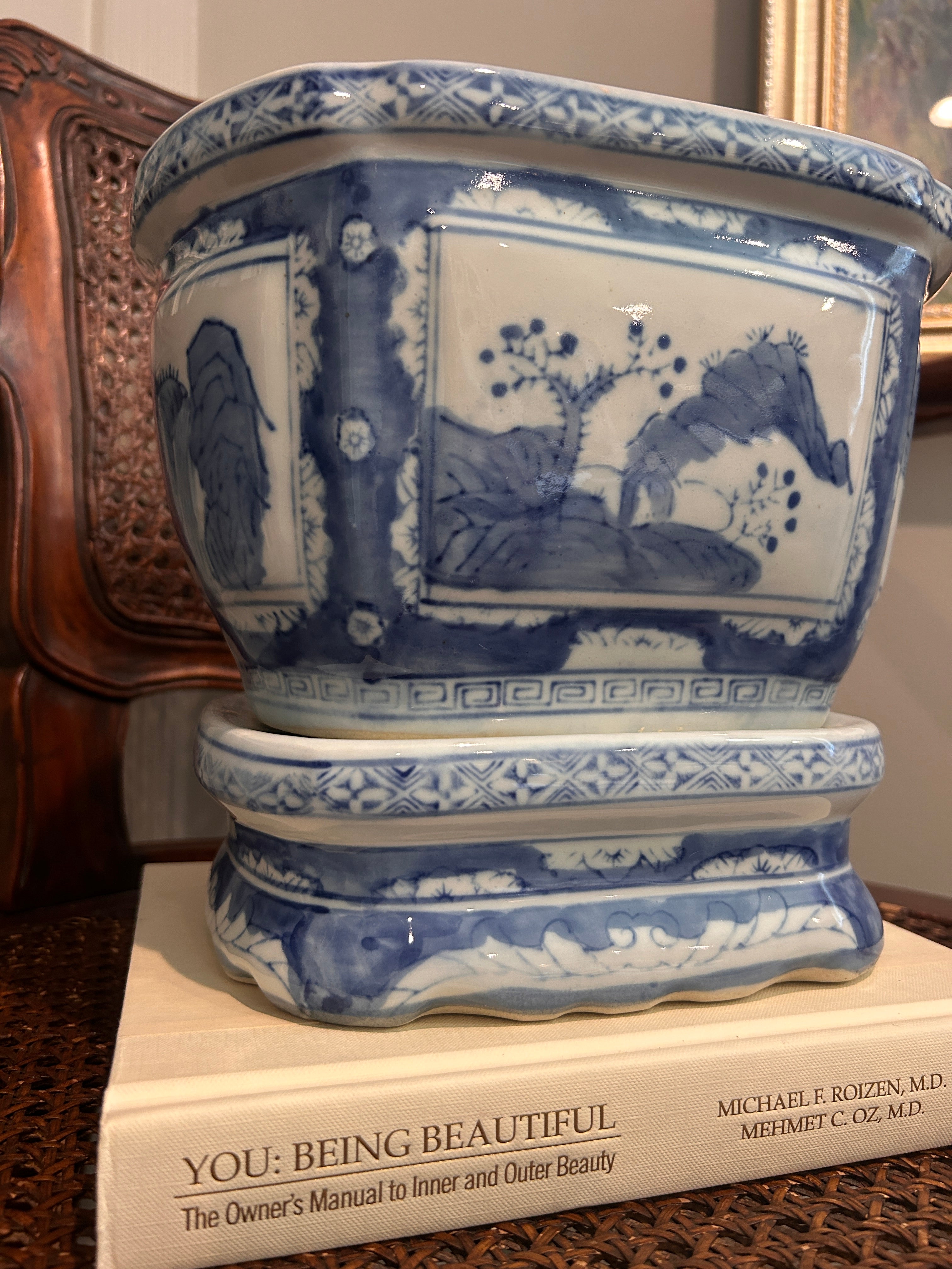 Vintage Blue and White Chinoiserie Planter with Matching Stand