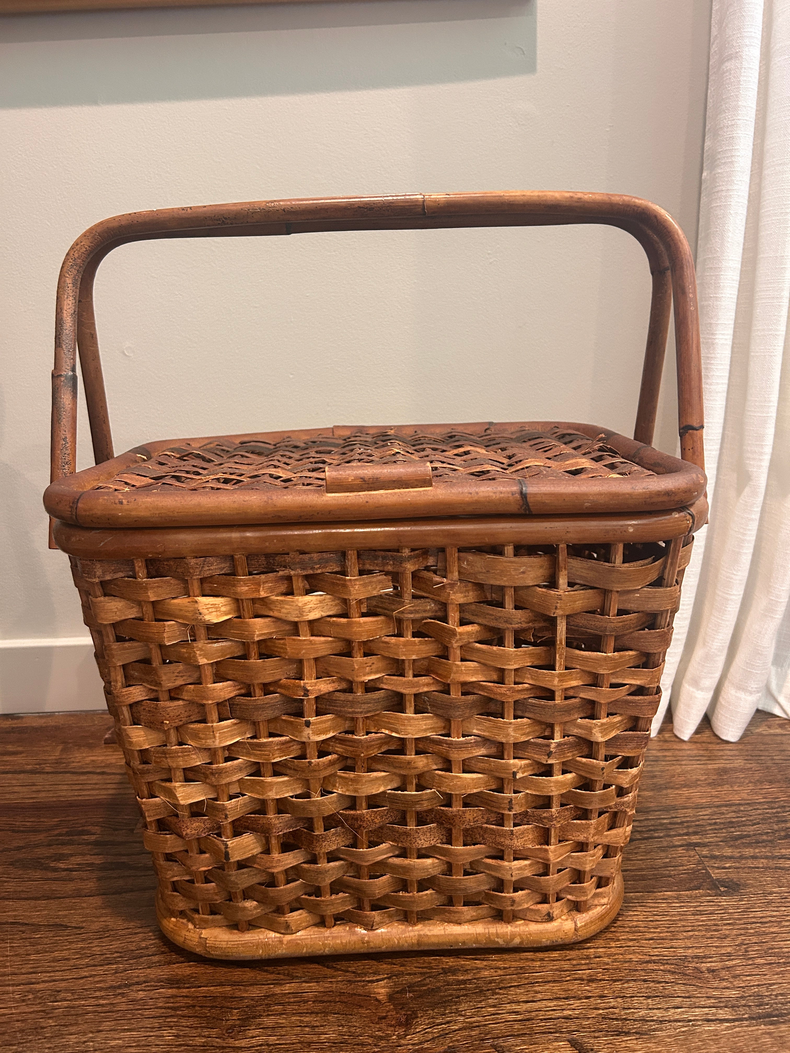 Vintage Woven Storage Basket with Faux Bamboo Handle