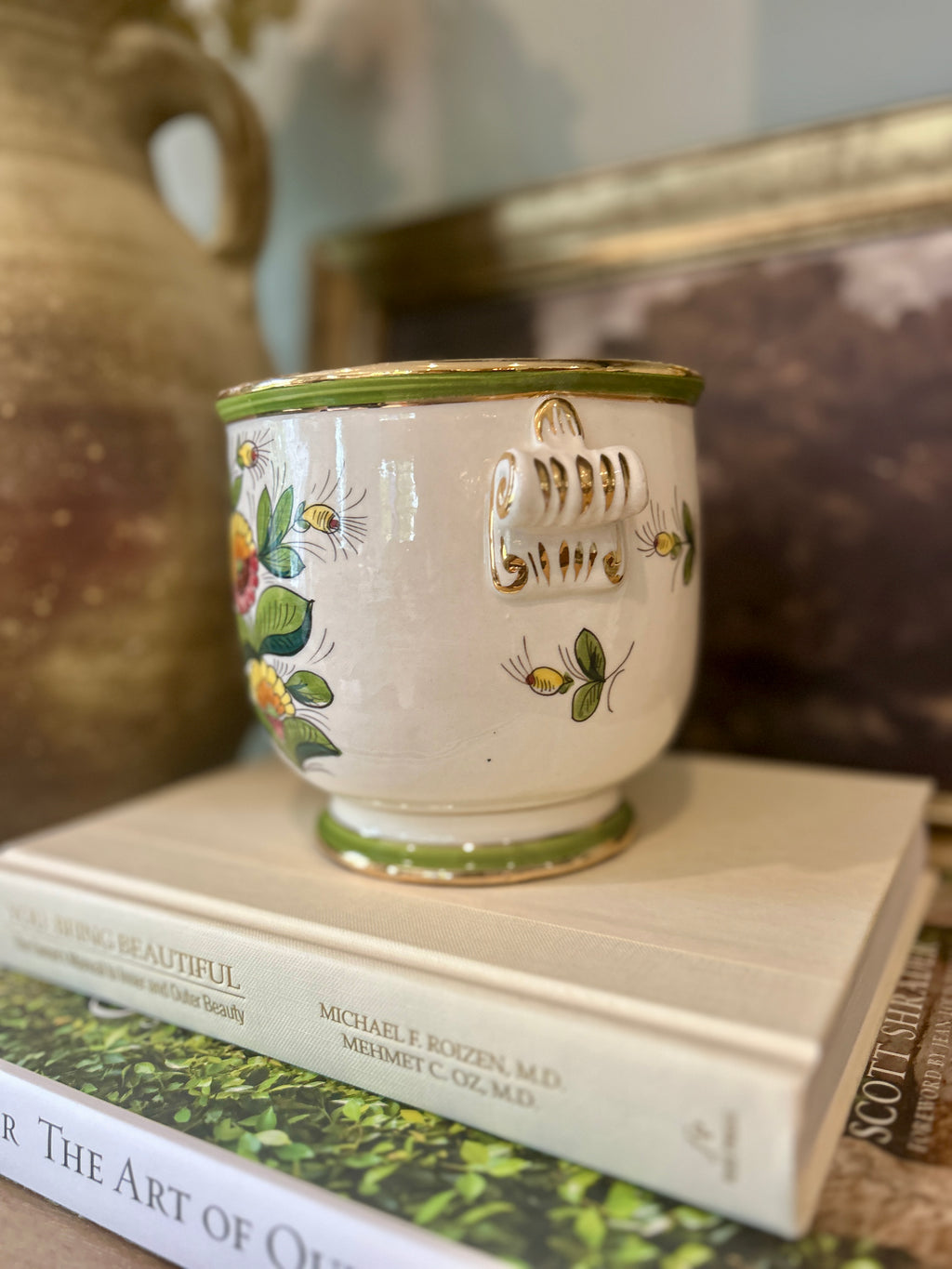 Vintage Italian Hand-Painted Floral Cachepot With Scroll Handles