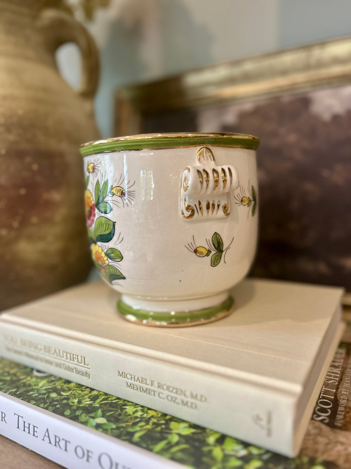 Vintage Italian Hand-Painted Floral Cachepot With Scroll Handles