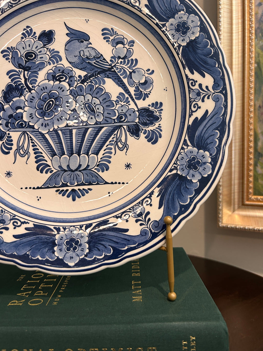 Vintage Hand-Painted Delft Blue Bird & Floral Wall Plate