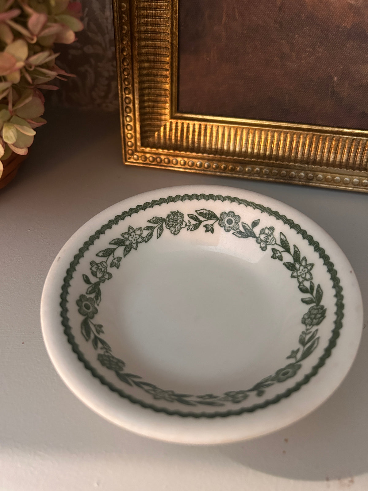 Vintage Buffalo China Green Floral Trinket Dish