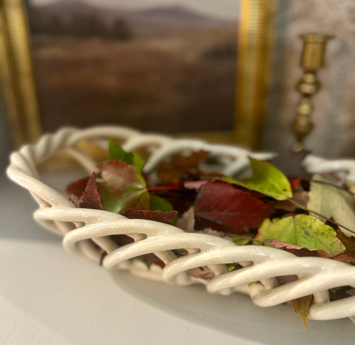 Vintage Cream Ceramic Woven Lattice Basket Tray