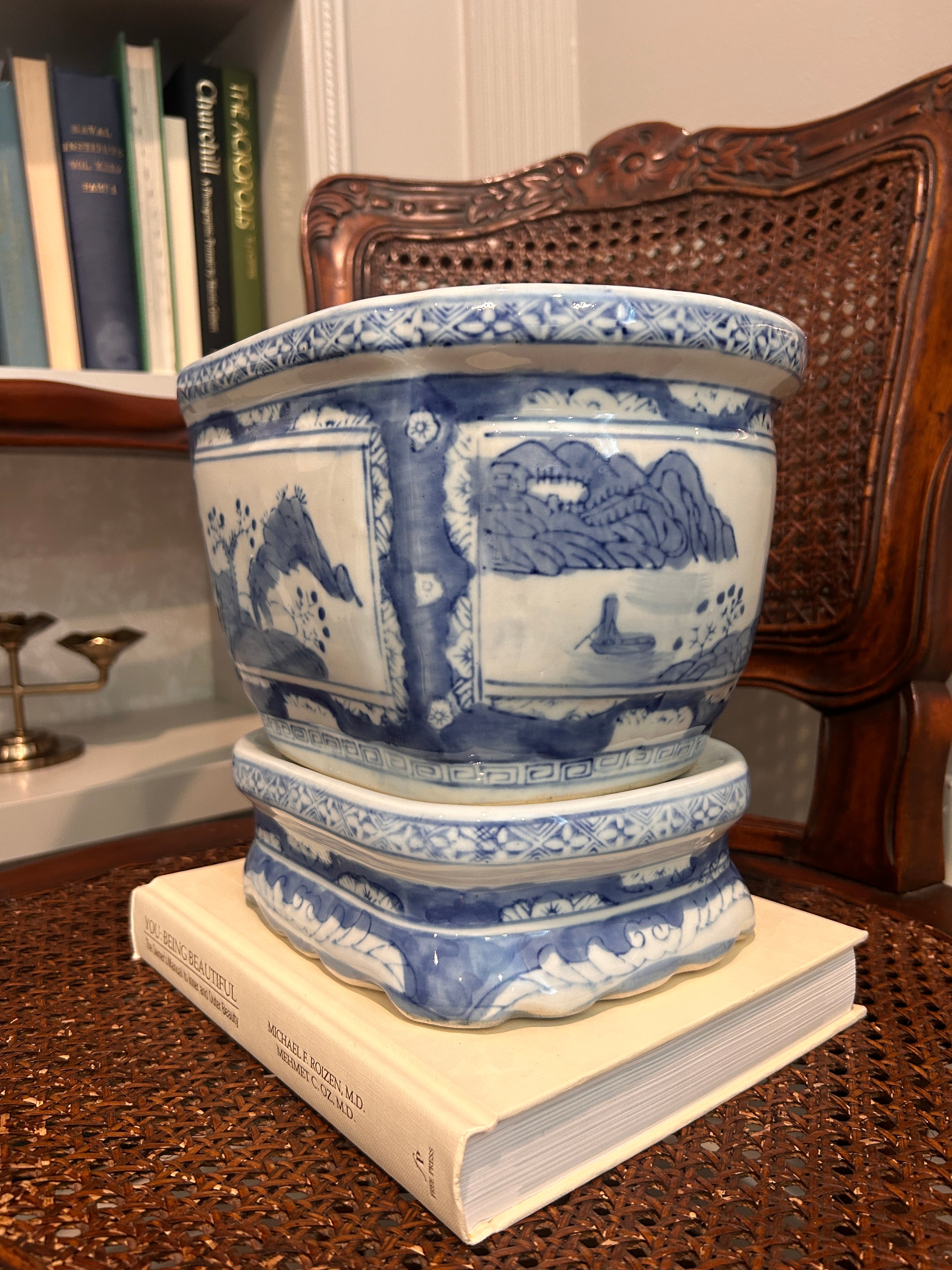 Vintage Blue and White Chinoiserie Planter with Matching Stand