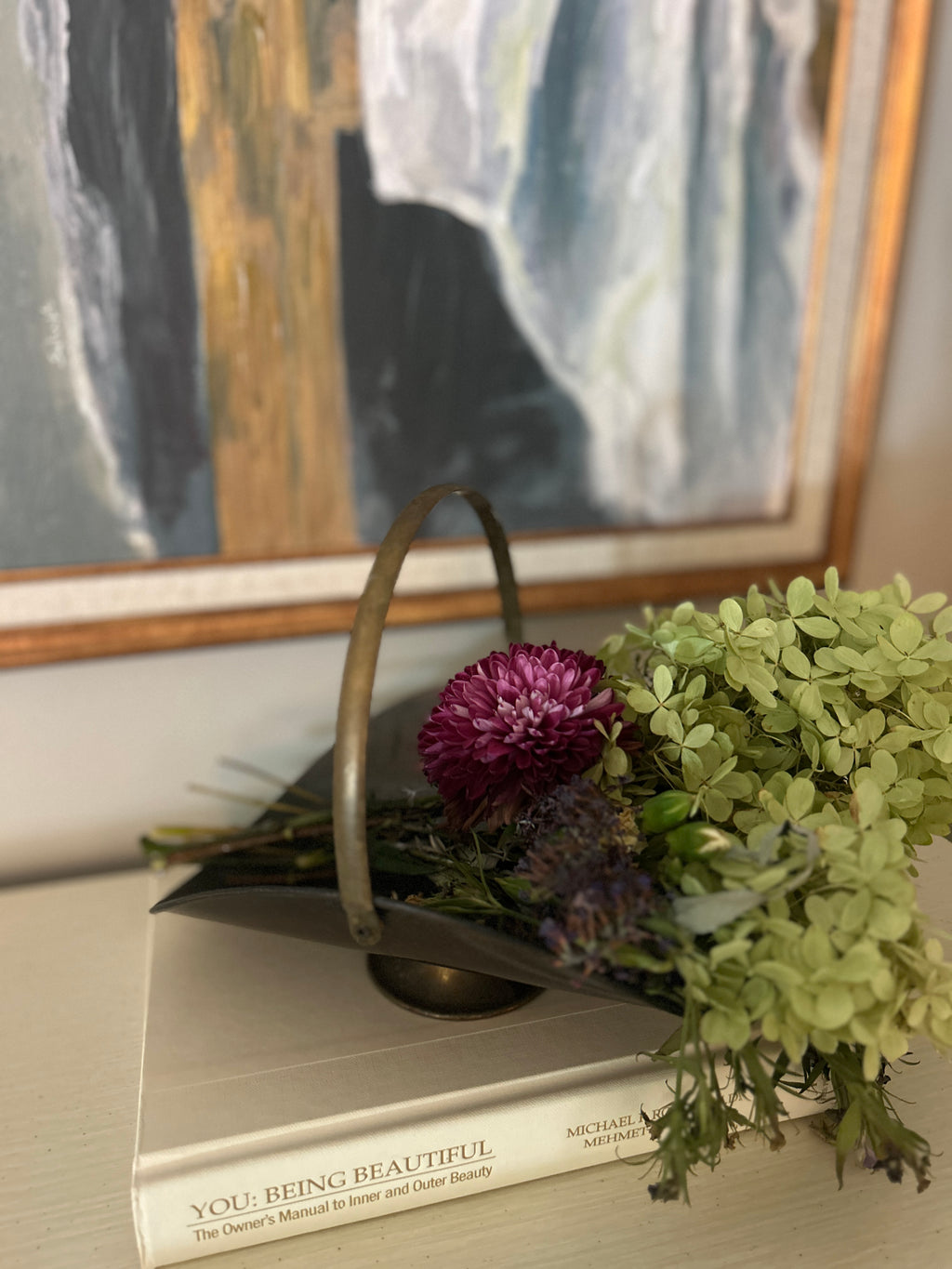 Vintage Brass Handled Pedestal Flower Basket