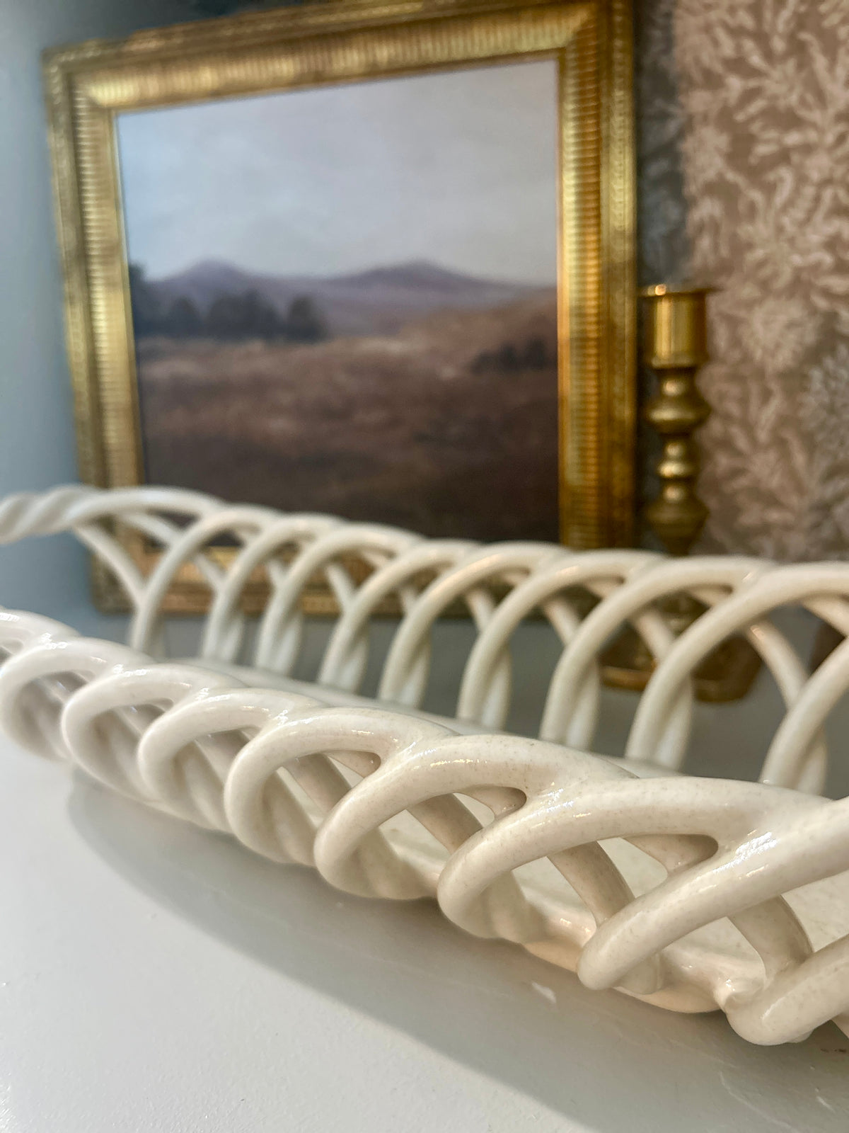 Vintage Cream Ceramic Woven Lattice Basket Tray