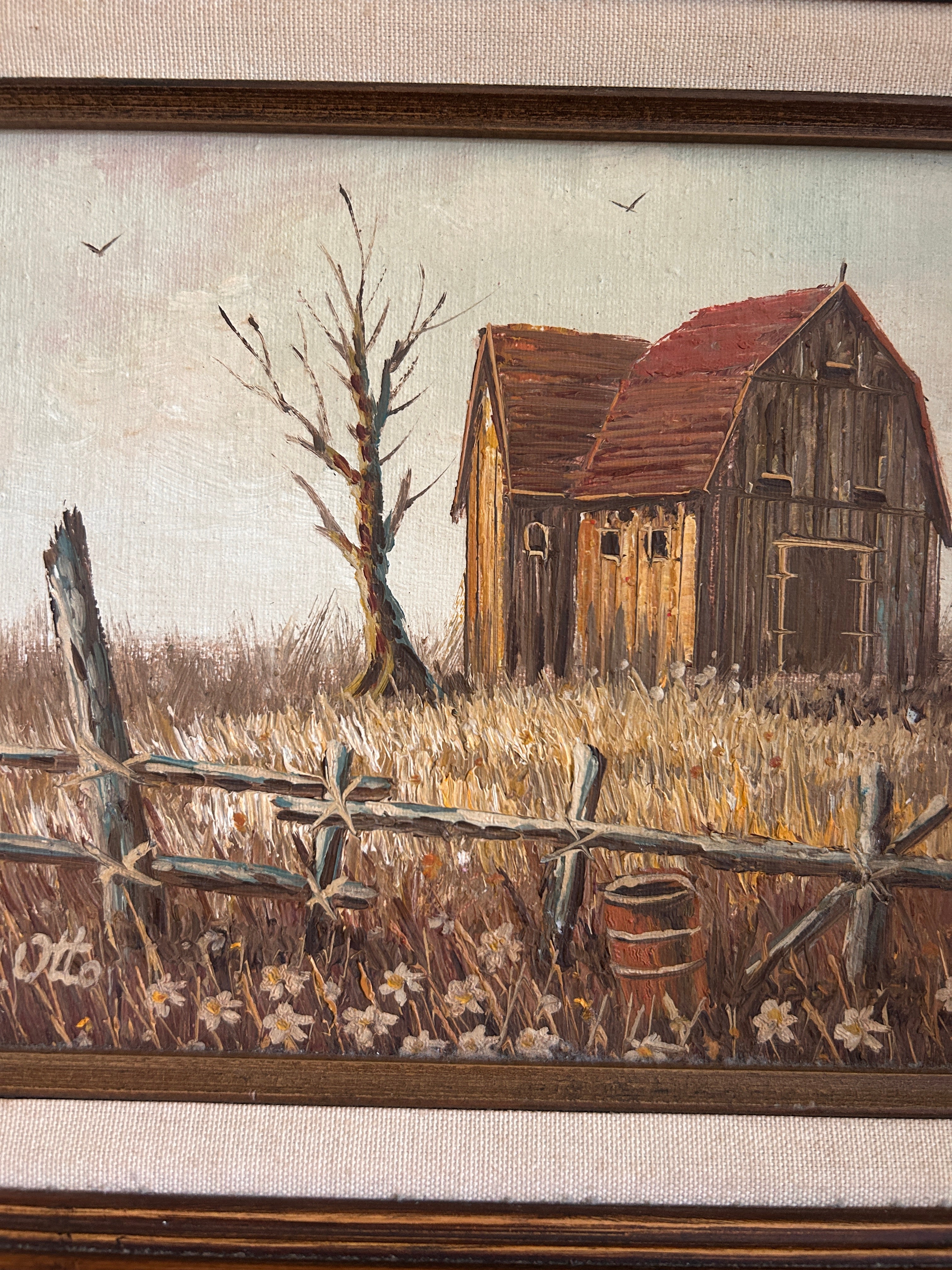 Vintage Original Signed Barn Landscape Oil Painting in Wood Frame