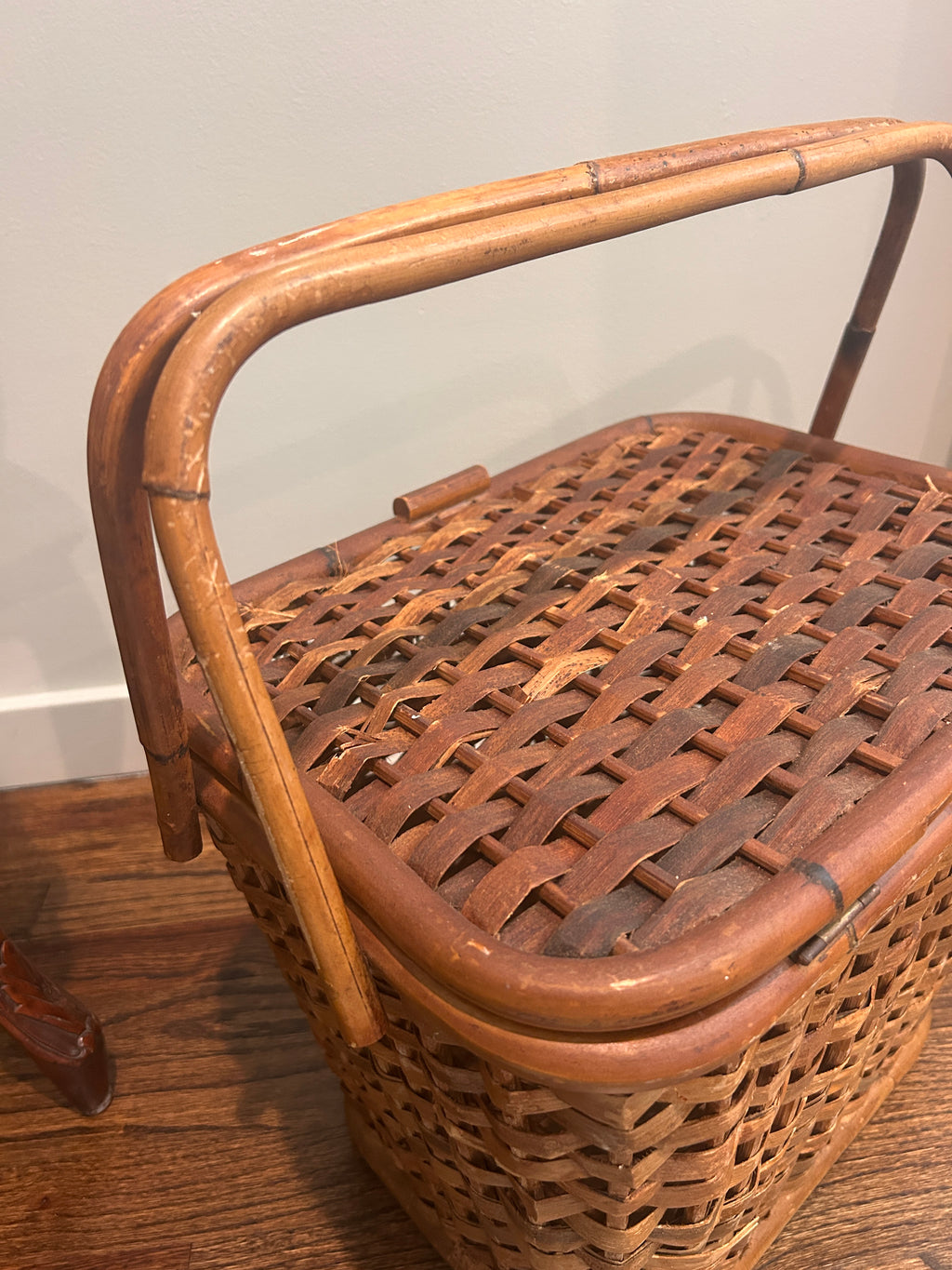 Vintage Woven Storage Basket with Faux Bamboo Handle