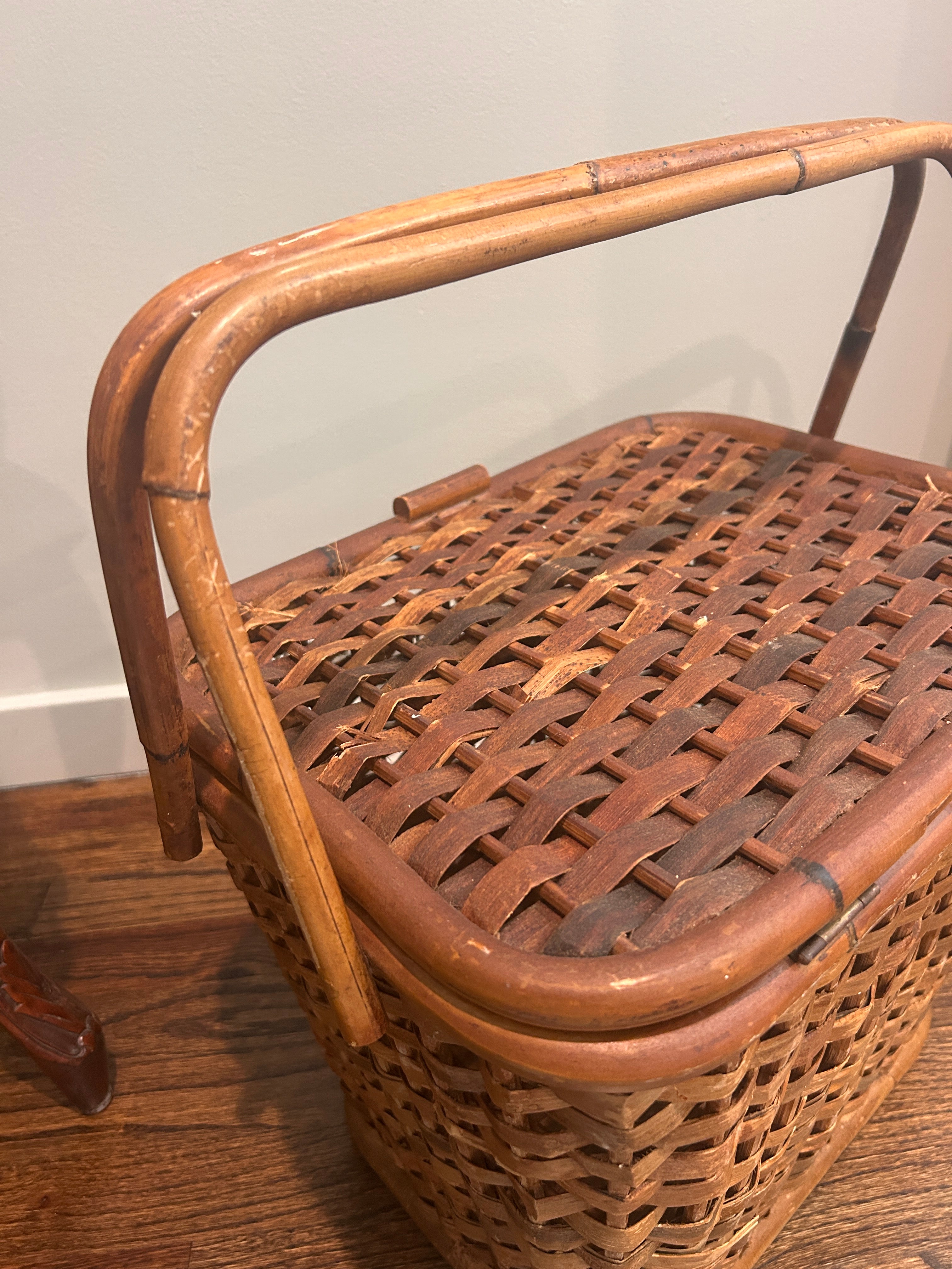 Vintage Woven Storage Basket with Faux Bamboo Handle
