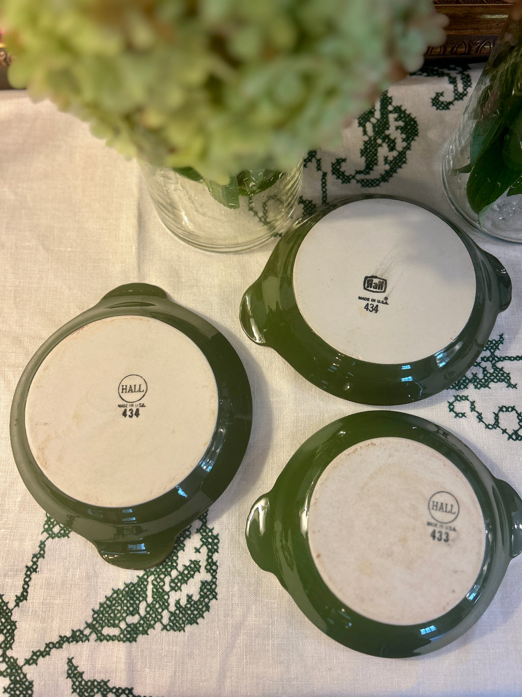 Vintage Hall China Olive Green & White Petite Casserole Serving Dishes – Set of 5