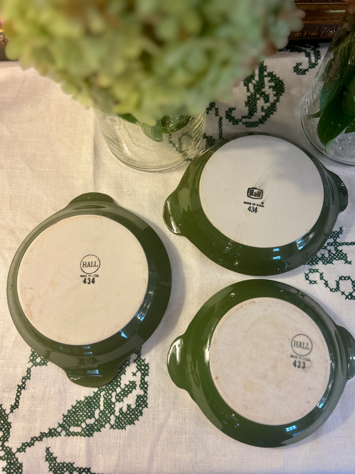 Vintage Hall China Olive Green & White Petite Casserole Serving Dishes – Set of 5