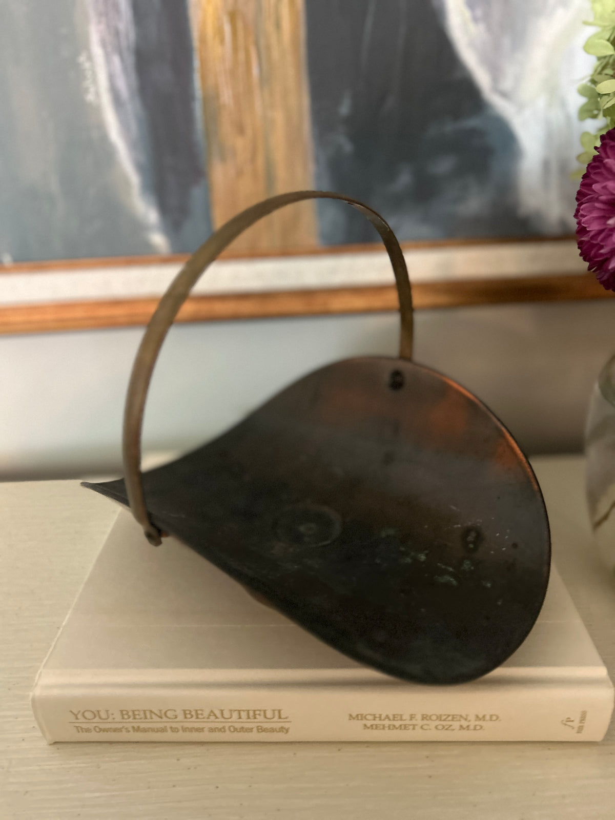 Vintage Brass Handled Pedestal Flower Basket