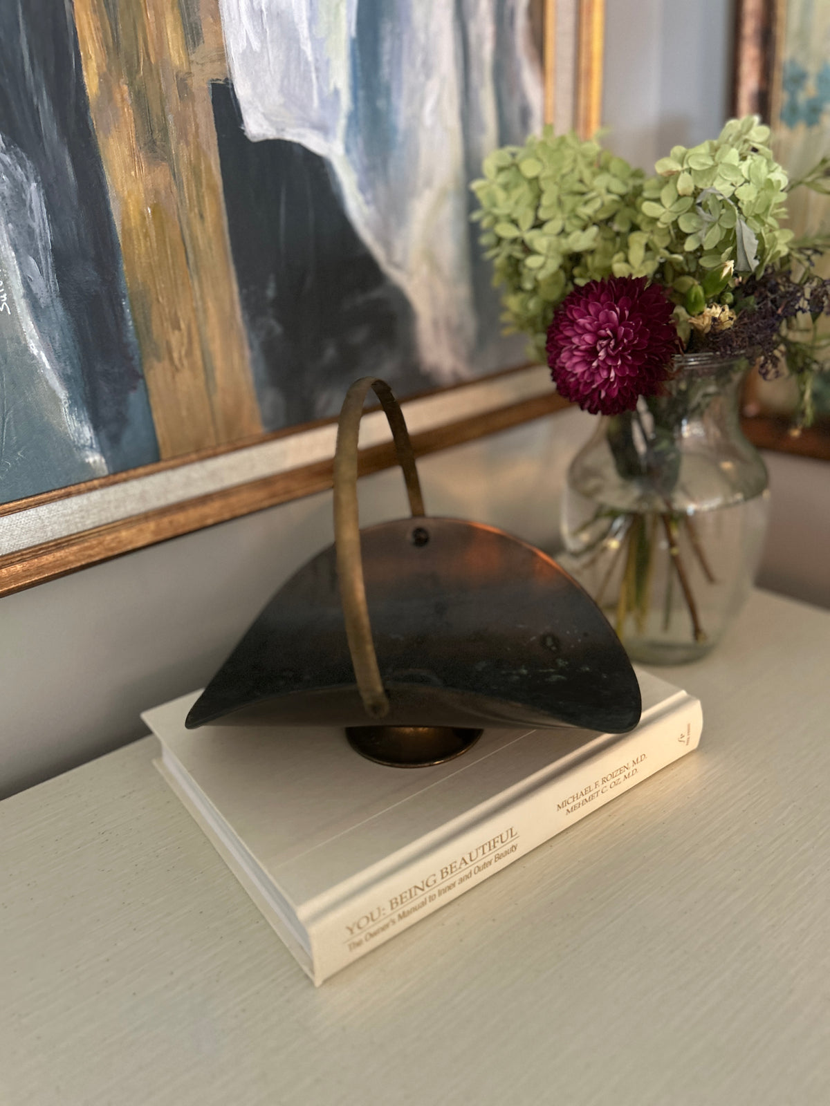 Vintage Brass Handled Pedestal Flower Basket