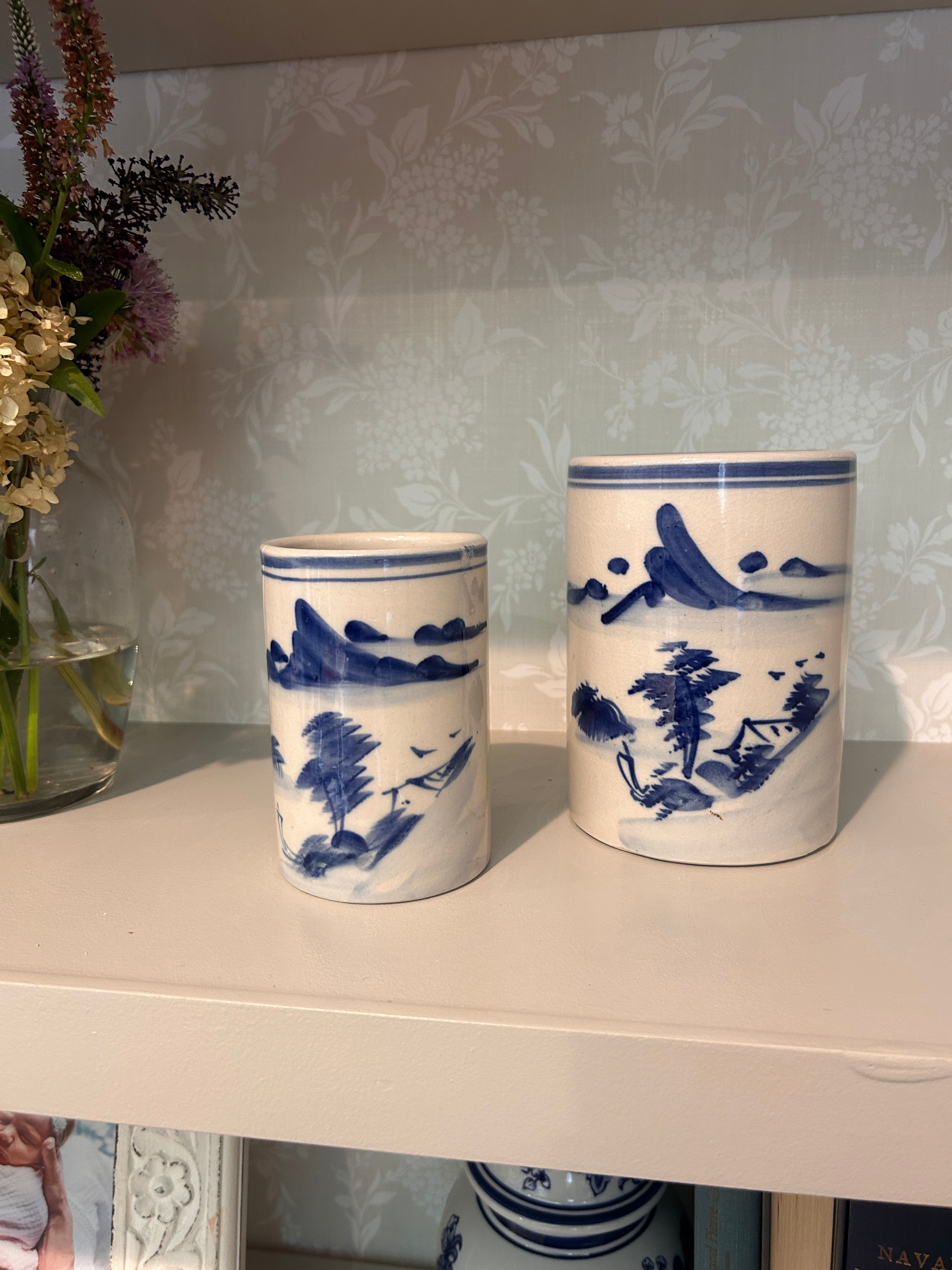 Vintage Hand-Painted Blue & White Landscape Brush Pot Pair