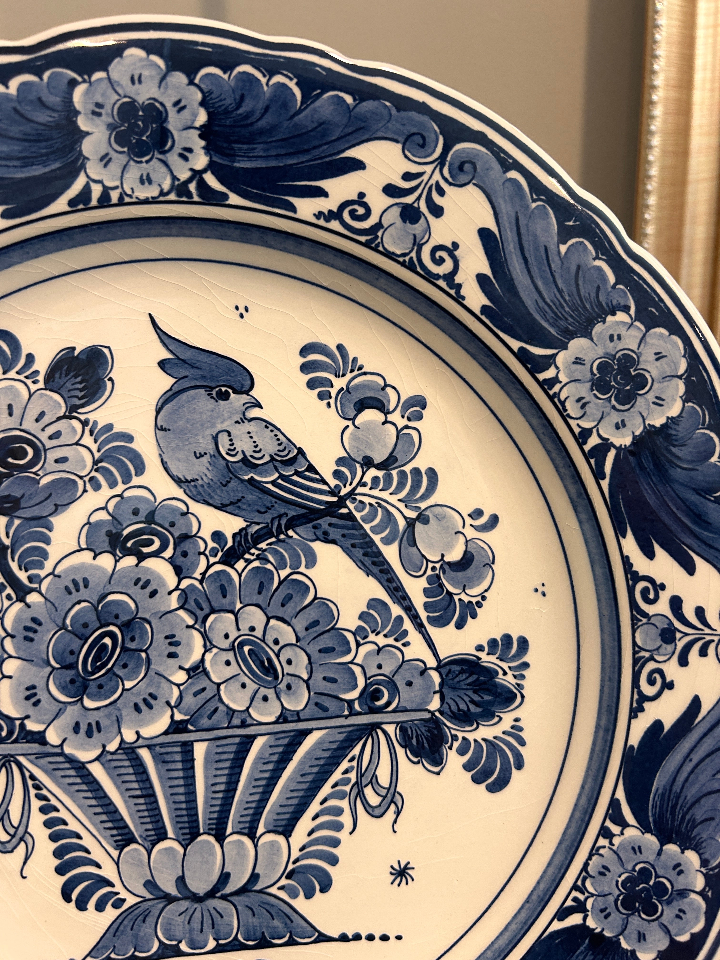 Vintage Hand-Painted Delft Blue Bird & Floral Wall Plate