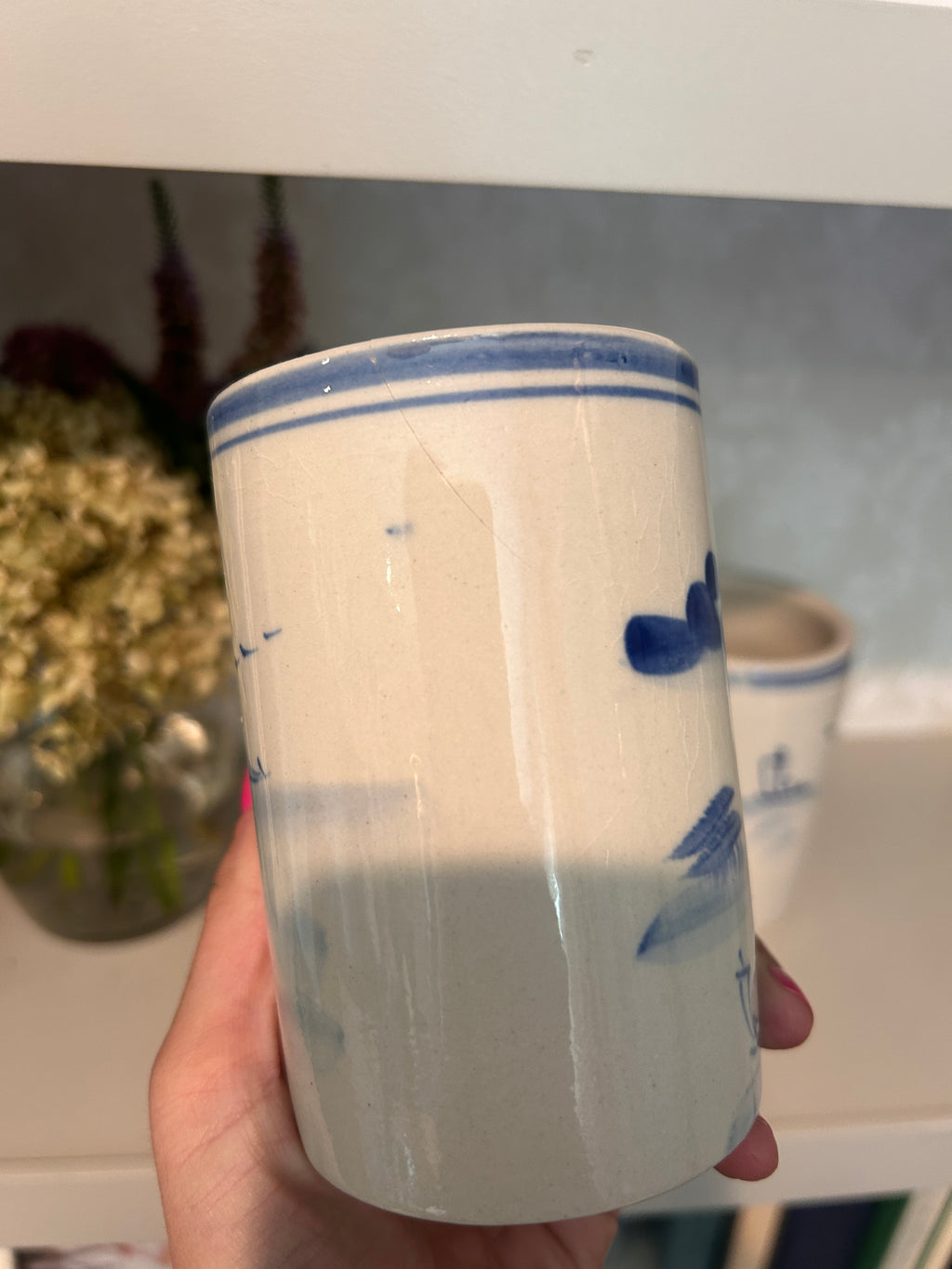 Vintage Hand-Painted Blue & White Landscape Brush Pot Pair