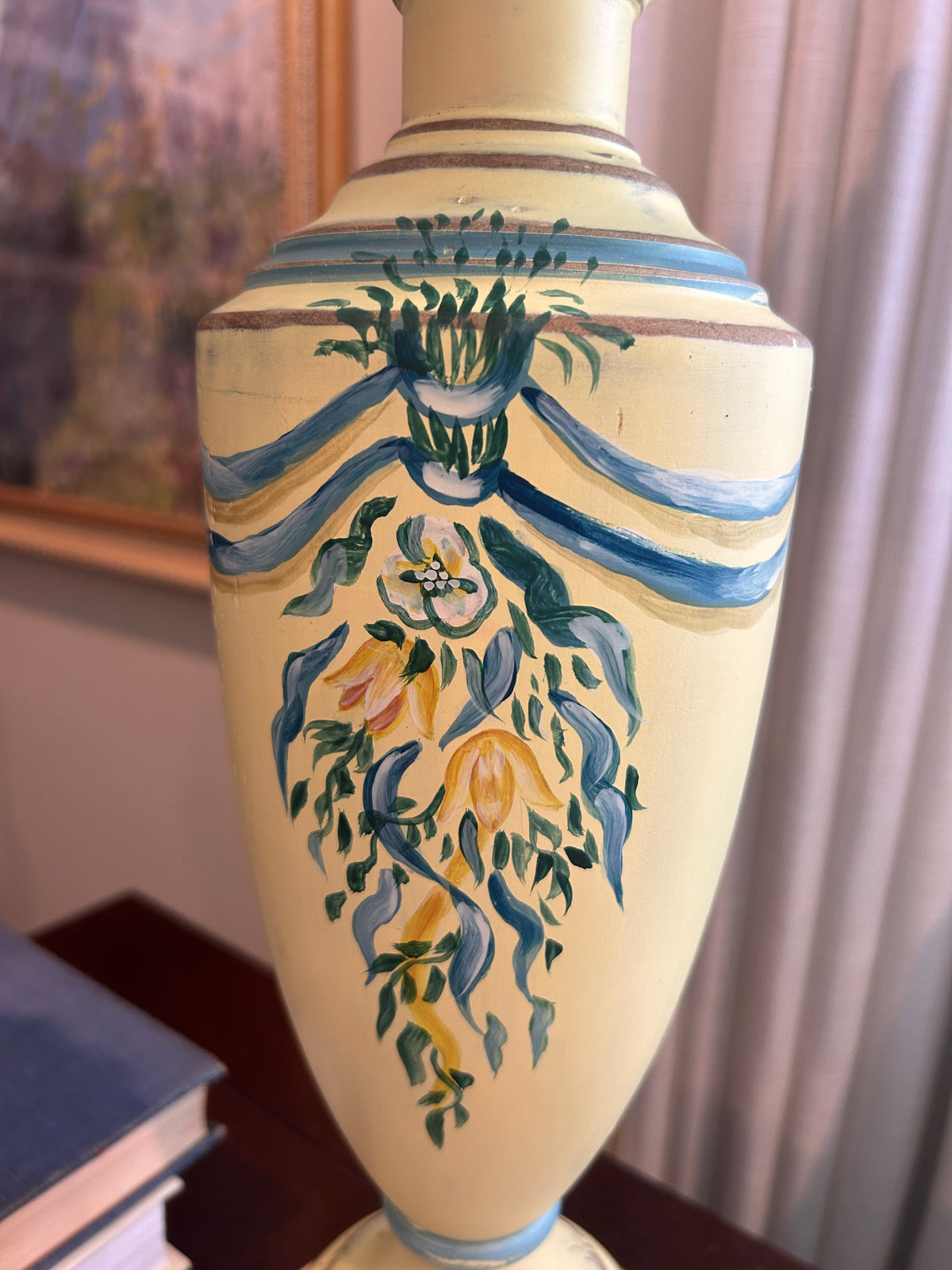 Vintage Hand-Painted Wooden Floral Table Lamp