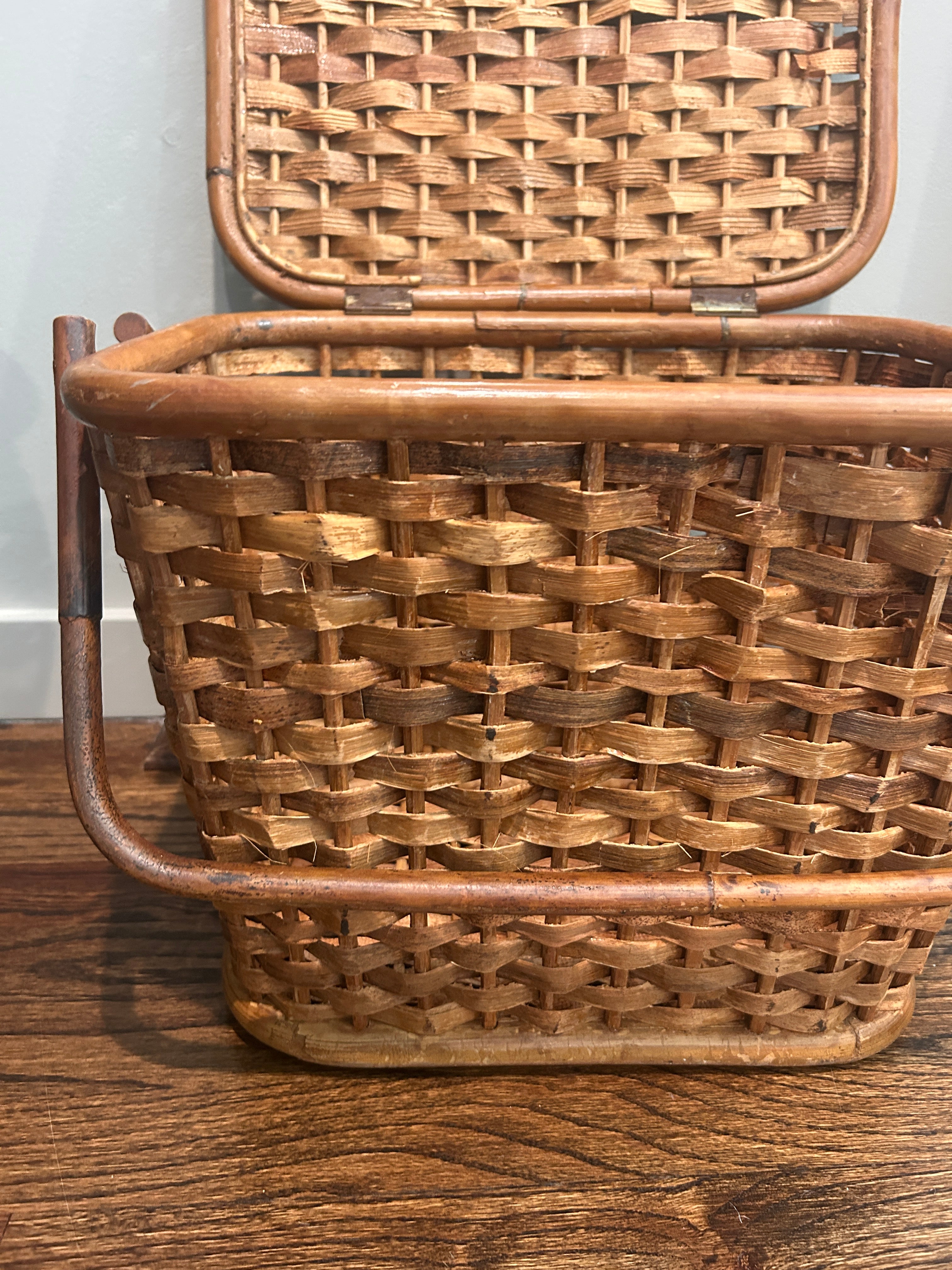 Vintage Woven Storage Basket with Faux Bamboo Handle
