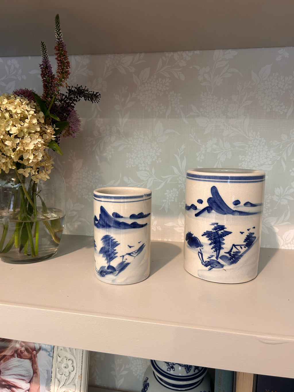 Vintage Hand-Painted Blue & White Landscape Brush Pot Pair