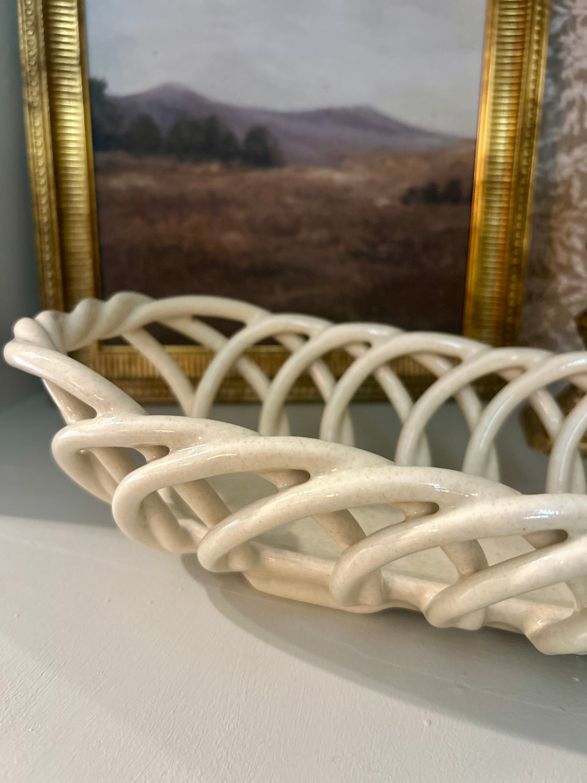 Vintage Cream Ceramic Woven Lattice Basket Tray