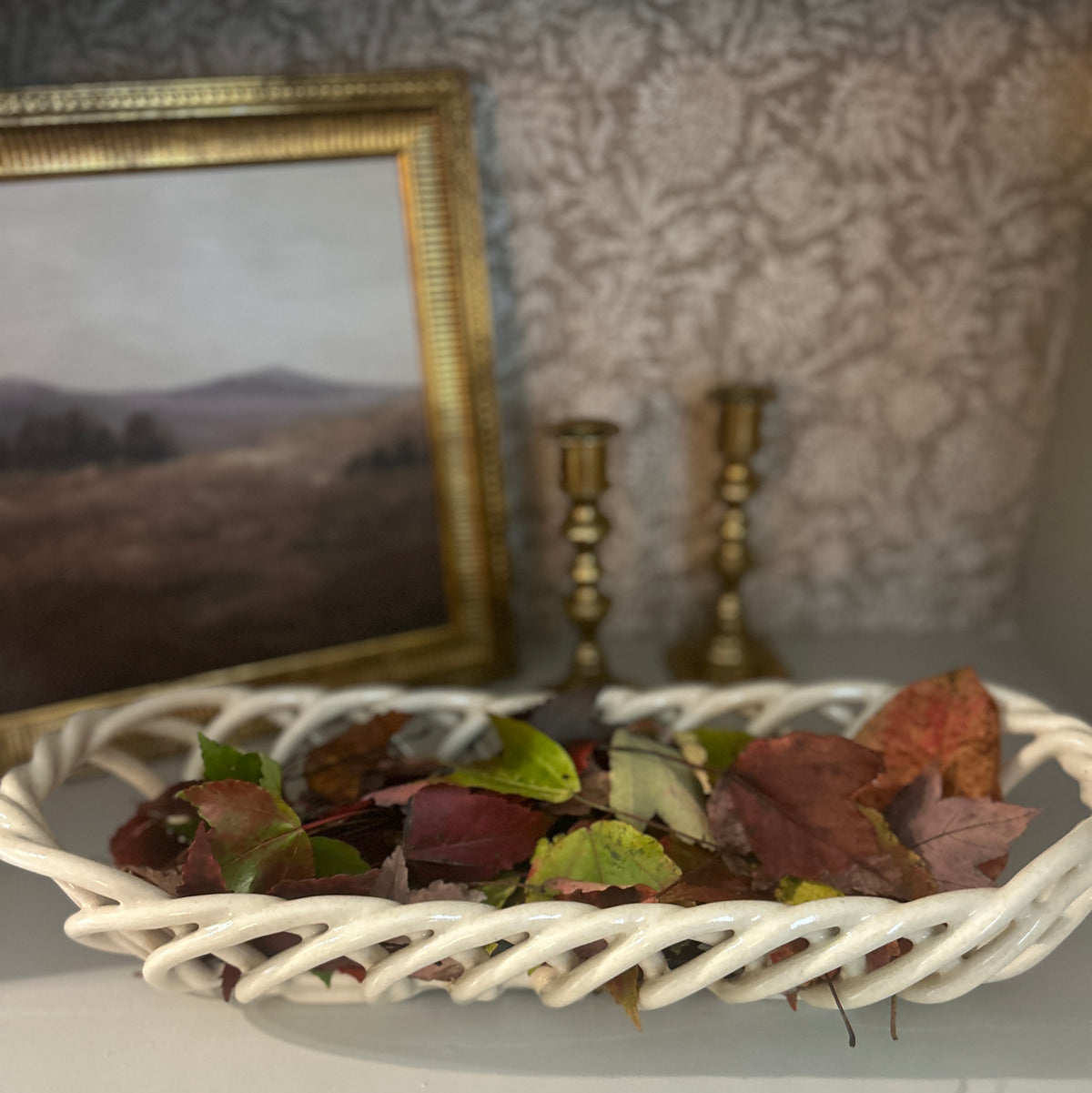 Vintage Cream Ceramic Woven Lattice Basket Tray