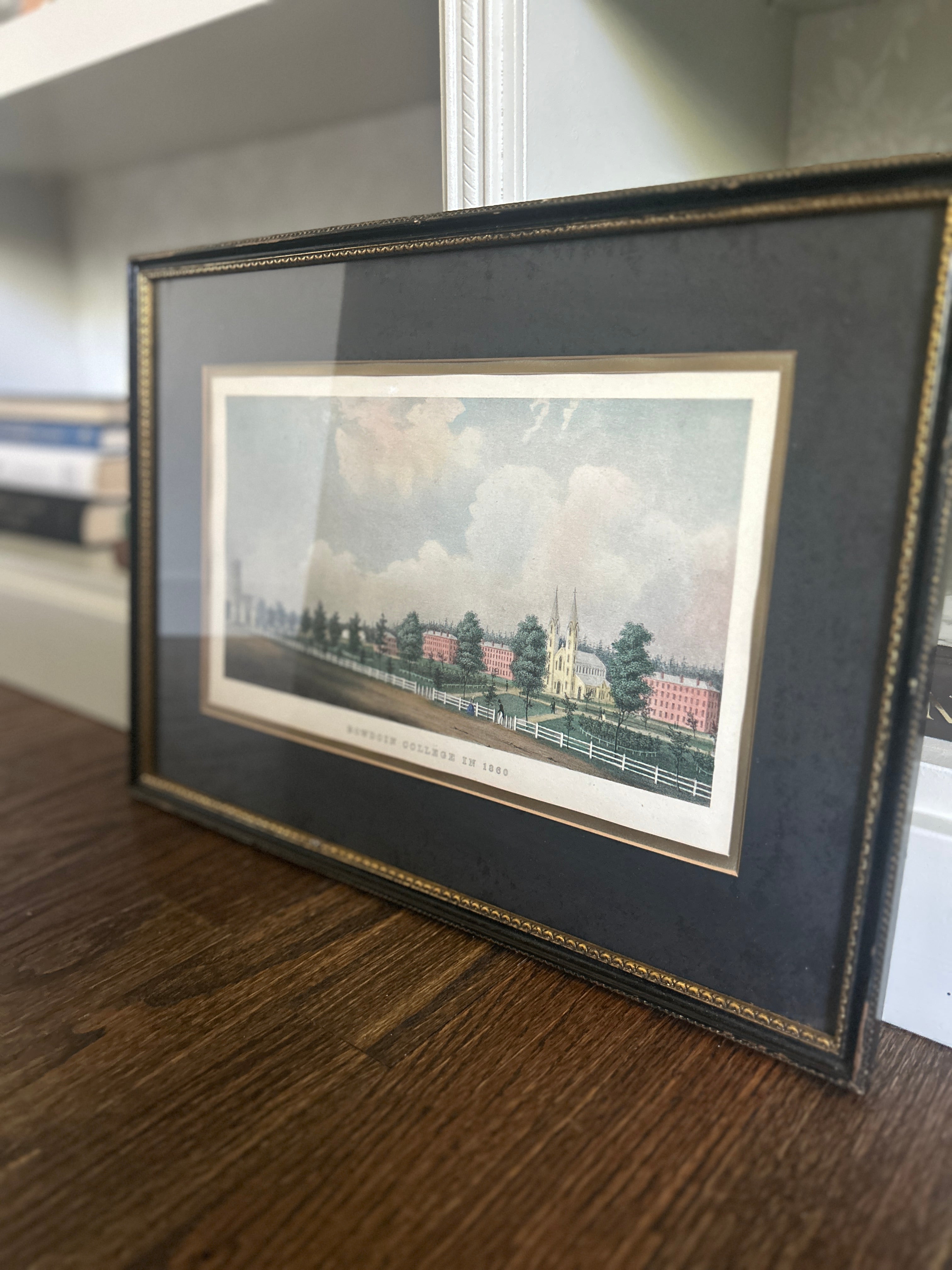 Vintage Hand-painted Print of Bowdoin College Library in Maine
