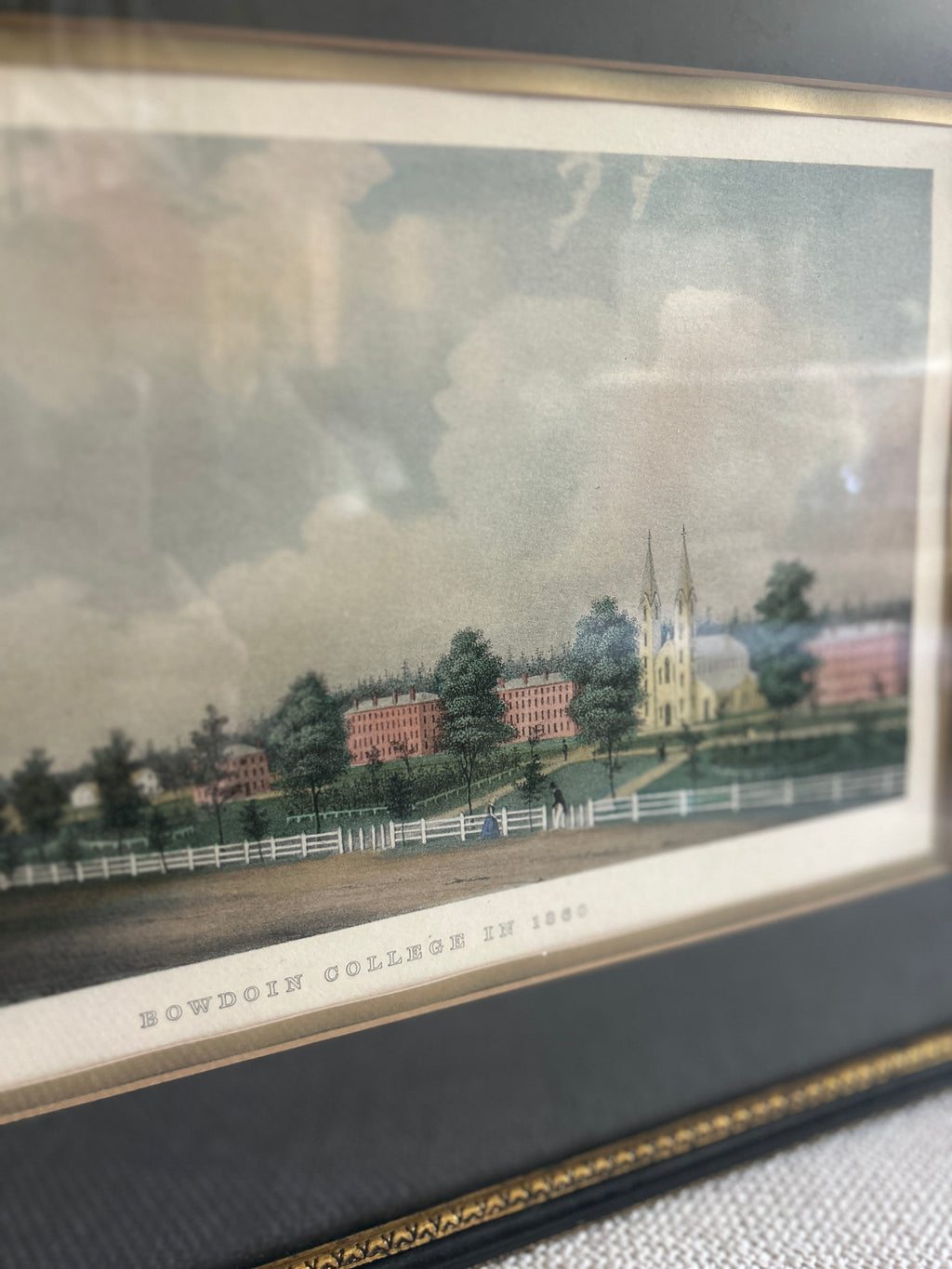 Vintage Hand-painted Print of Bowdoin College Library in Maine
