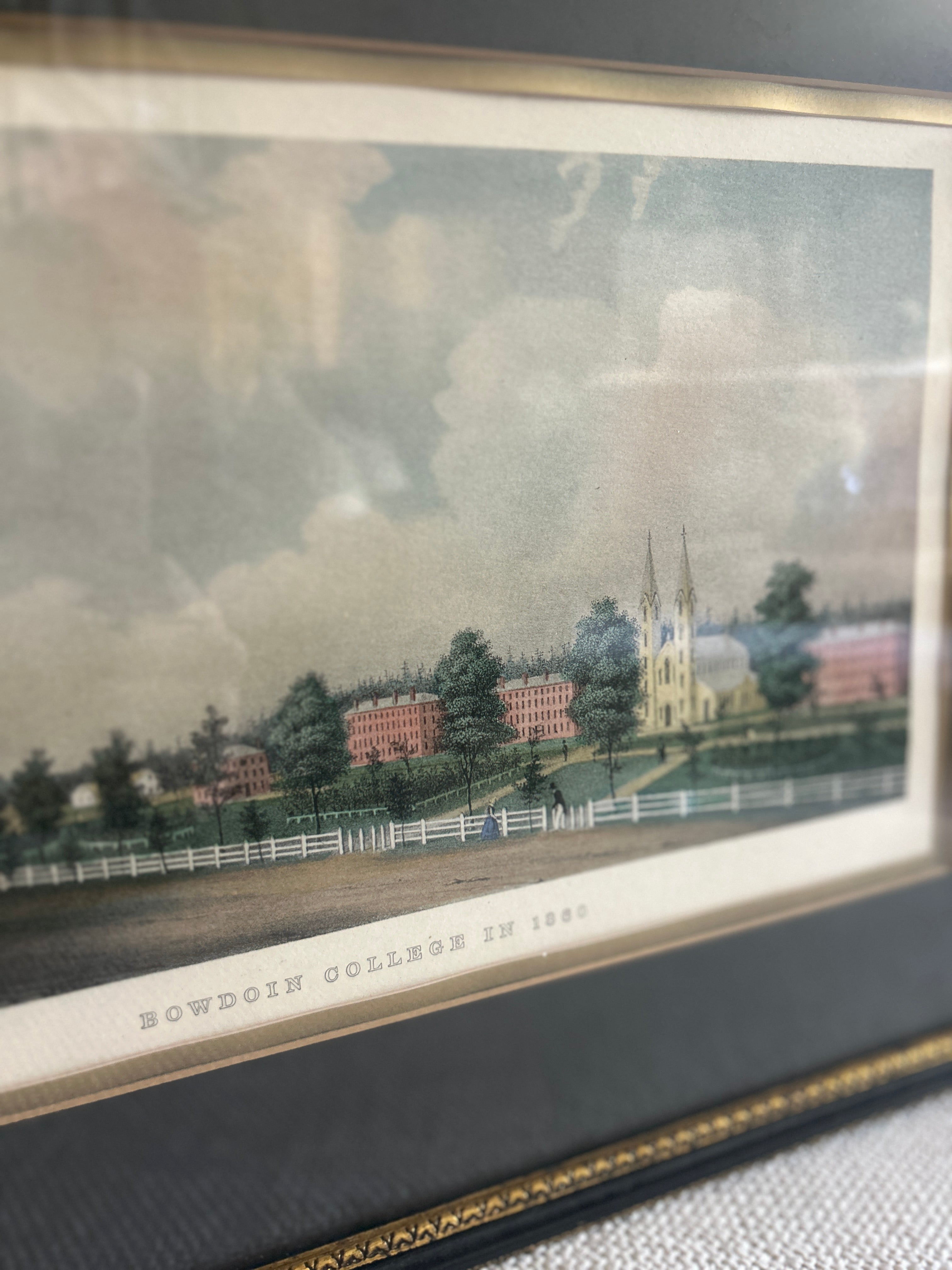 Vintage Hand-painted Print of Bowdoin College Library in Maine