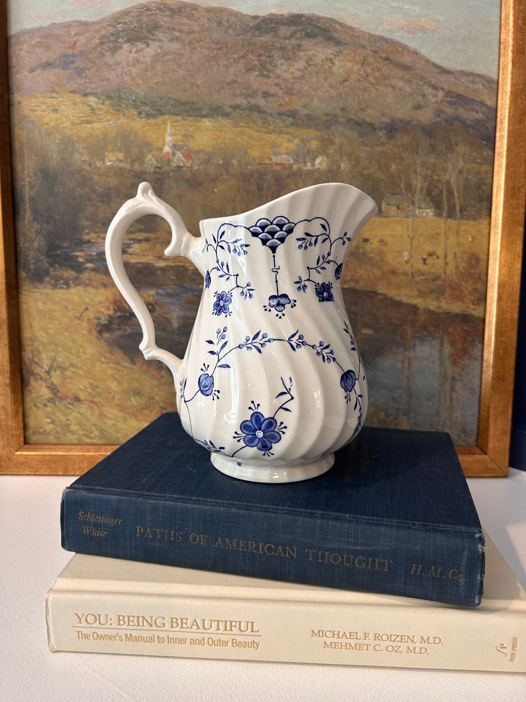 Vintage Blue and White Floral English Myott Finlandia Pitcher