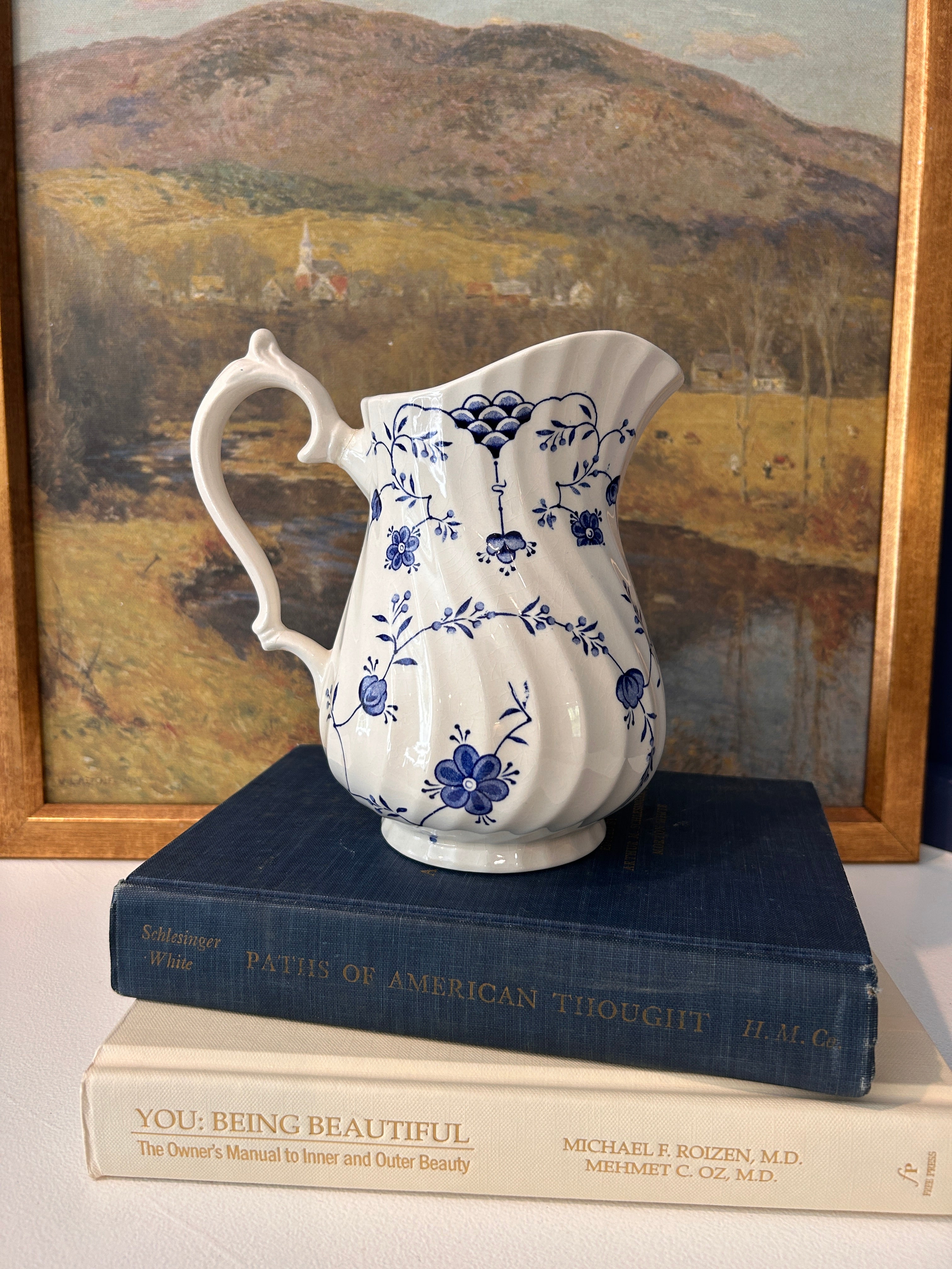 Vintage Blue and White Floral English Myott Finlandia Pitcher