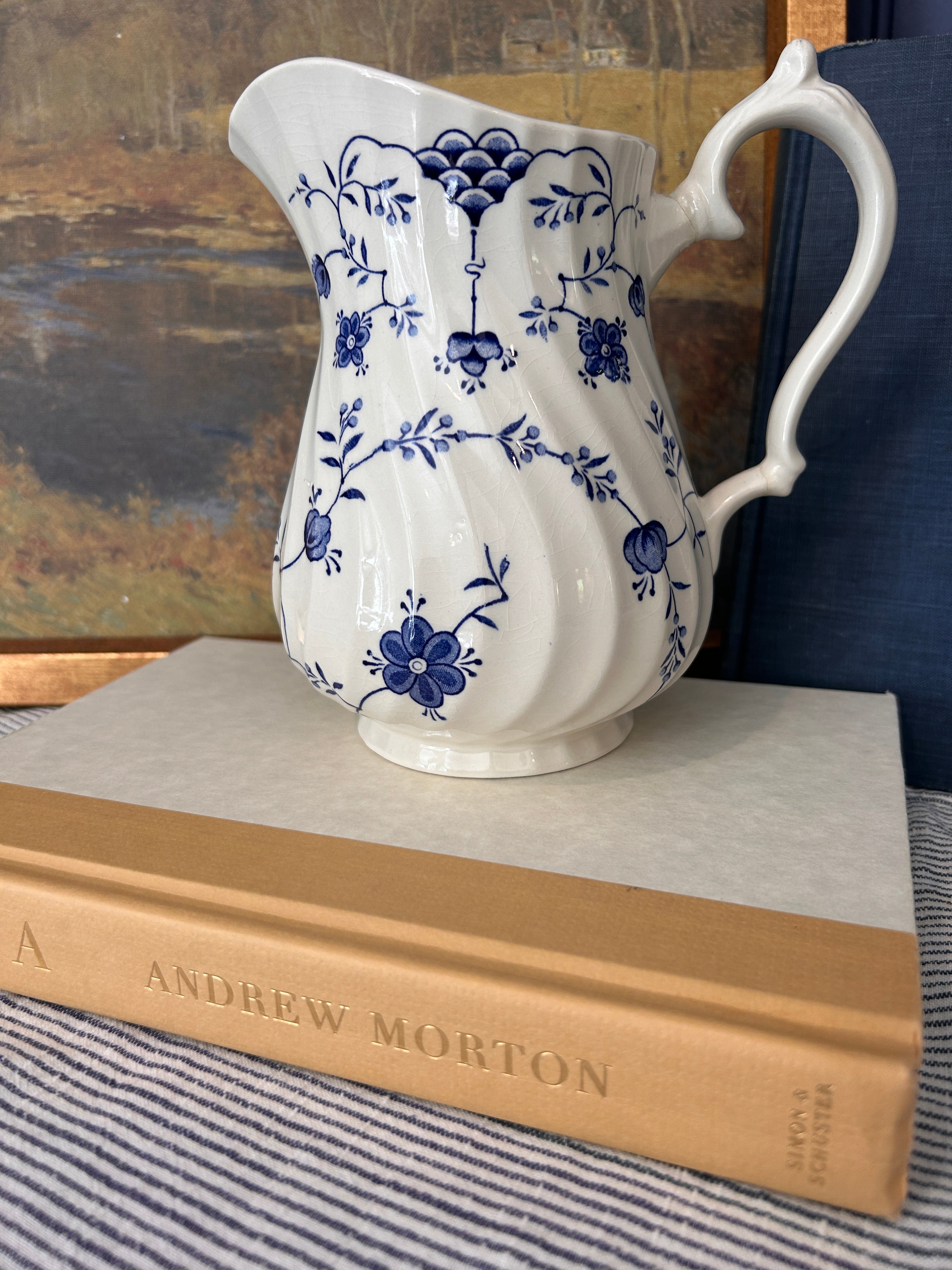 Vintage Blue and White Floral English Myott Finlandia Pitcher