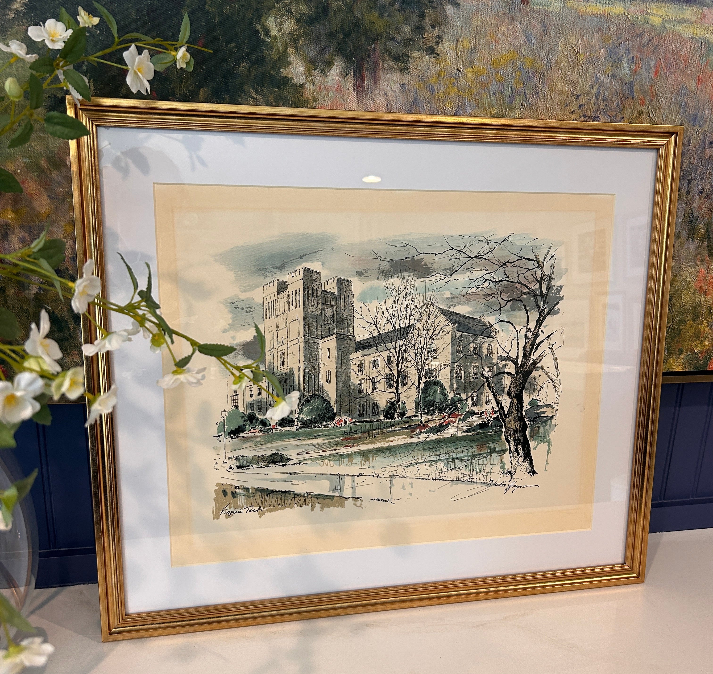 Vintage Signed Hand-Colored Virginia Tech Burruss Hall Print