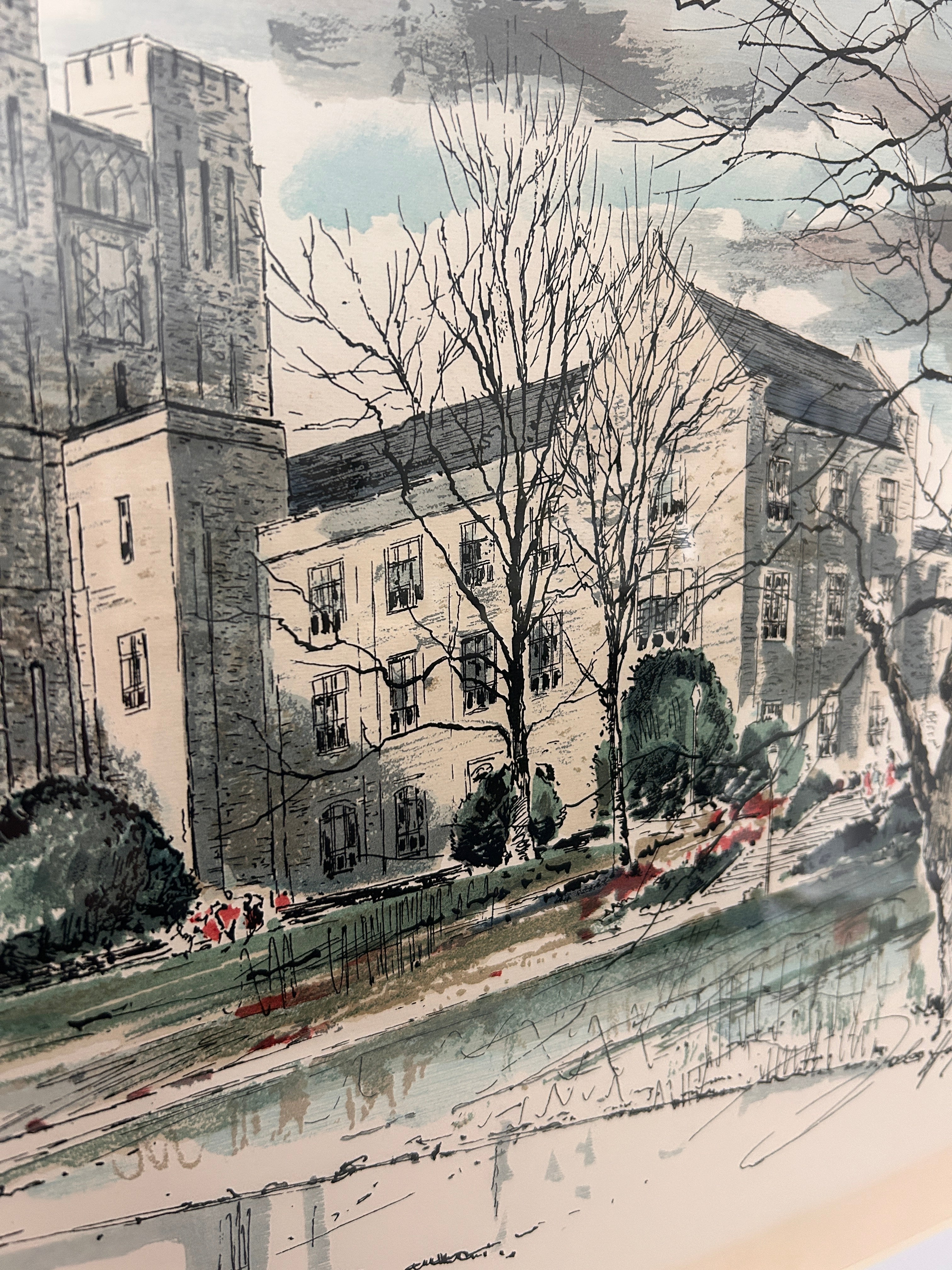 Vintage Signed Hand-Colored Virginia Tech Burruss Hall Print