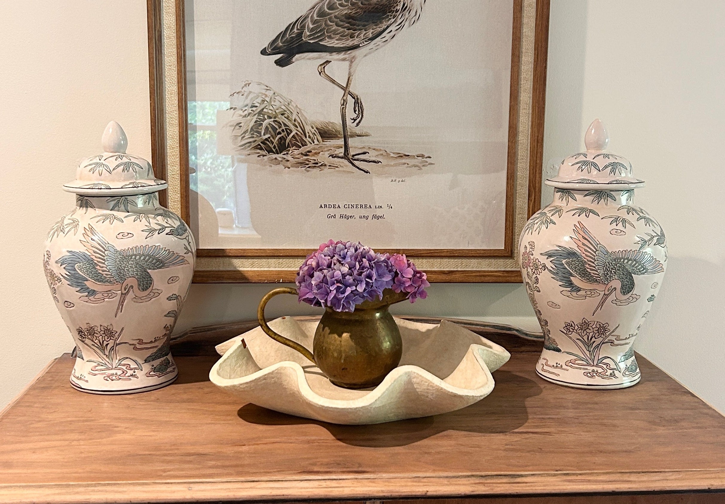 Vintage Pastel Bird and Floral Motif Ginger Jar Pair