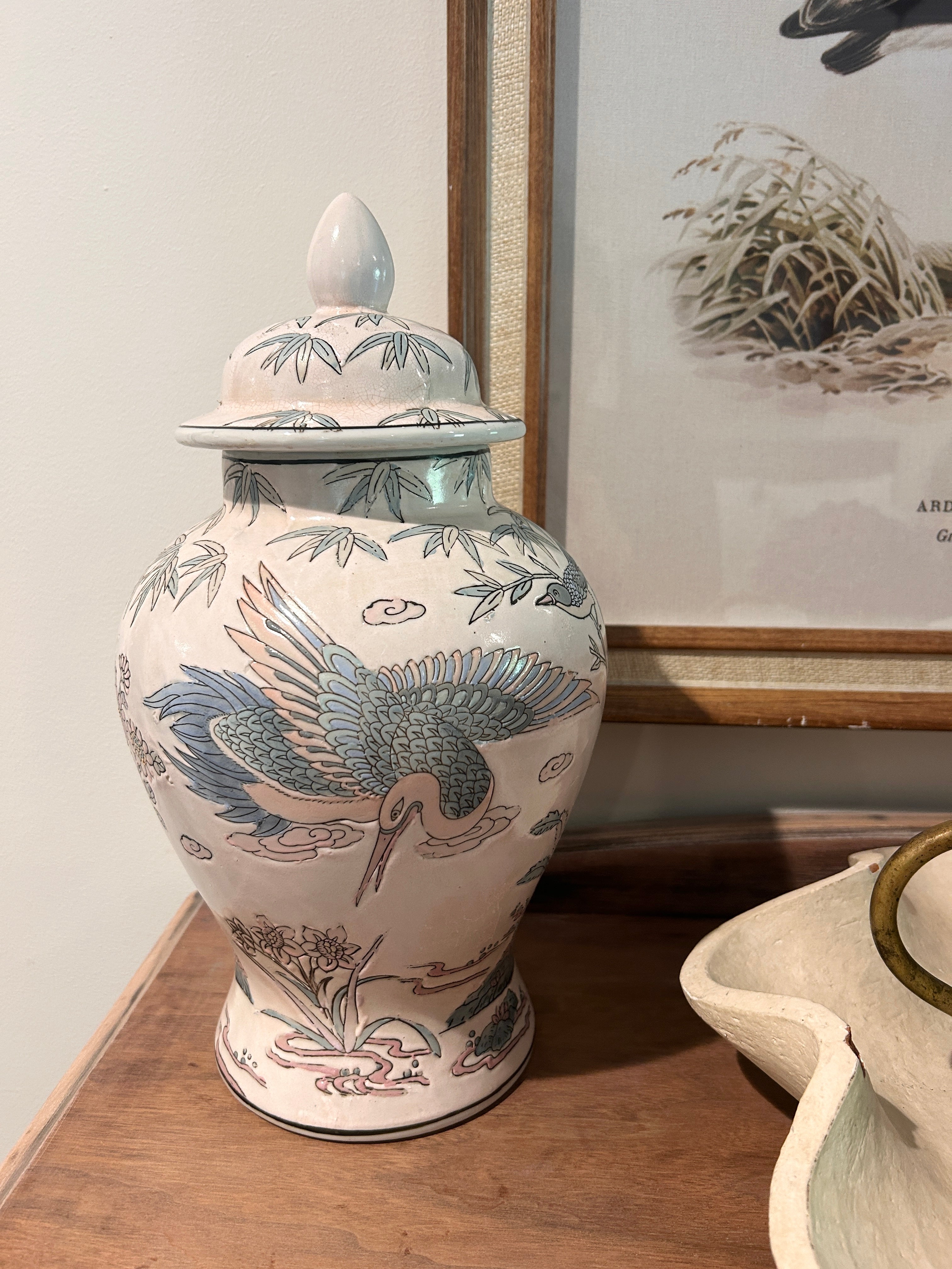 Vintage Pastel Bird and Floral Motif Ginger Jar Pair