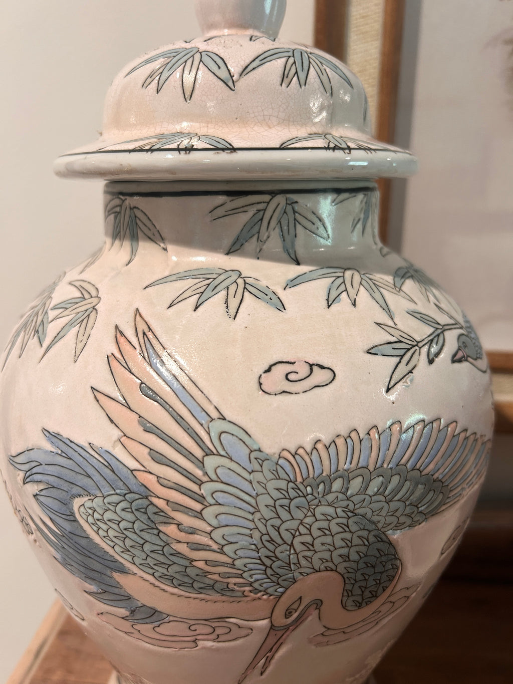 Vintage Pastel Bird and Floral Motif Ginger Jar Pair