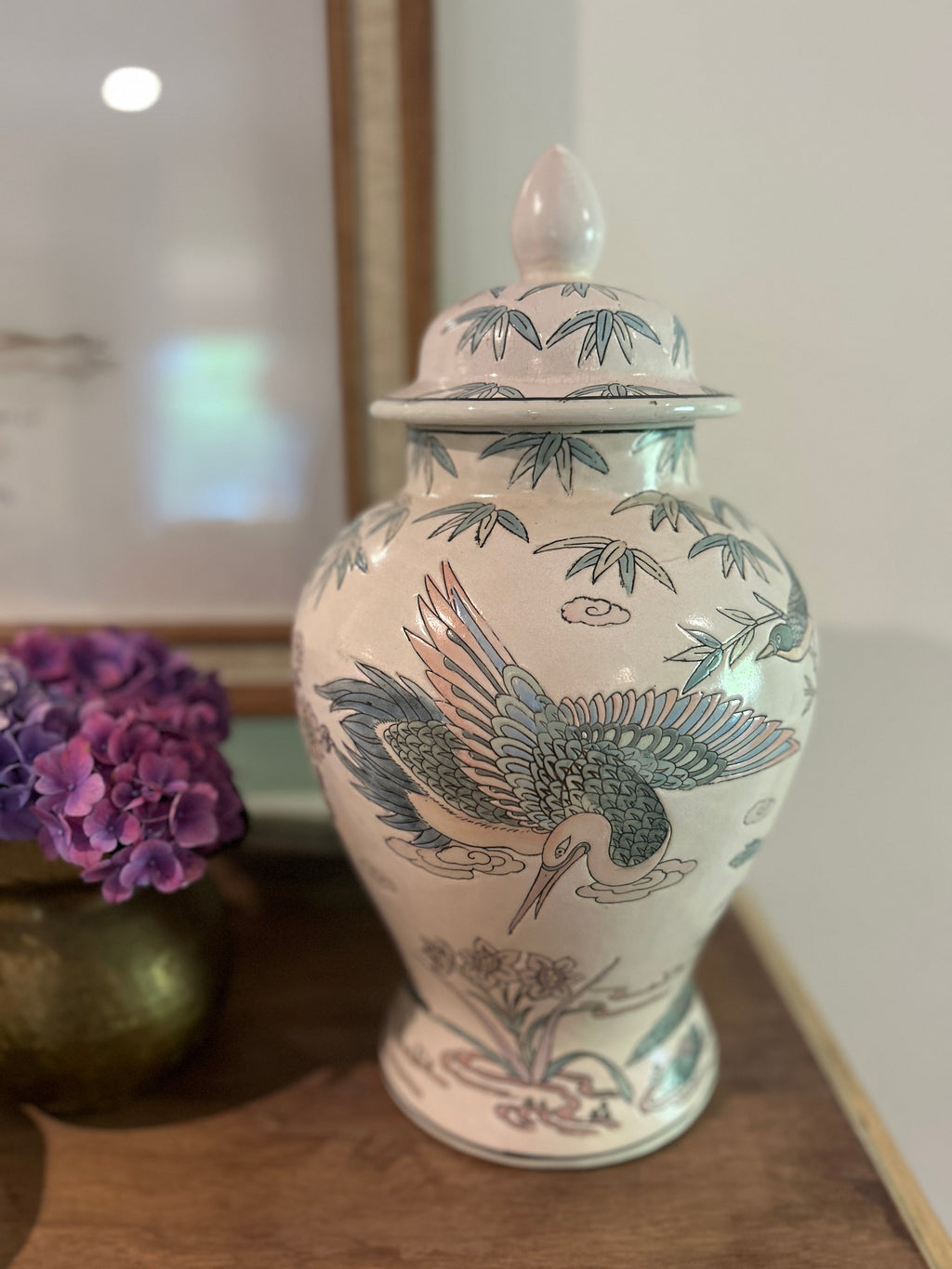 Vintage Pastel Bird and Floral Motif Ginger Jar Pair