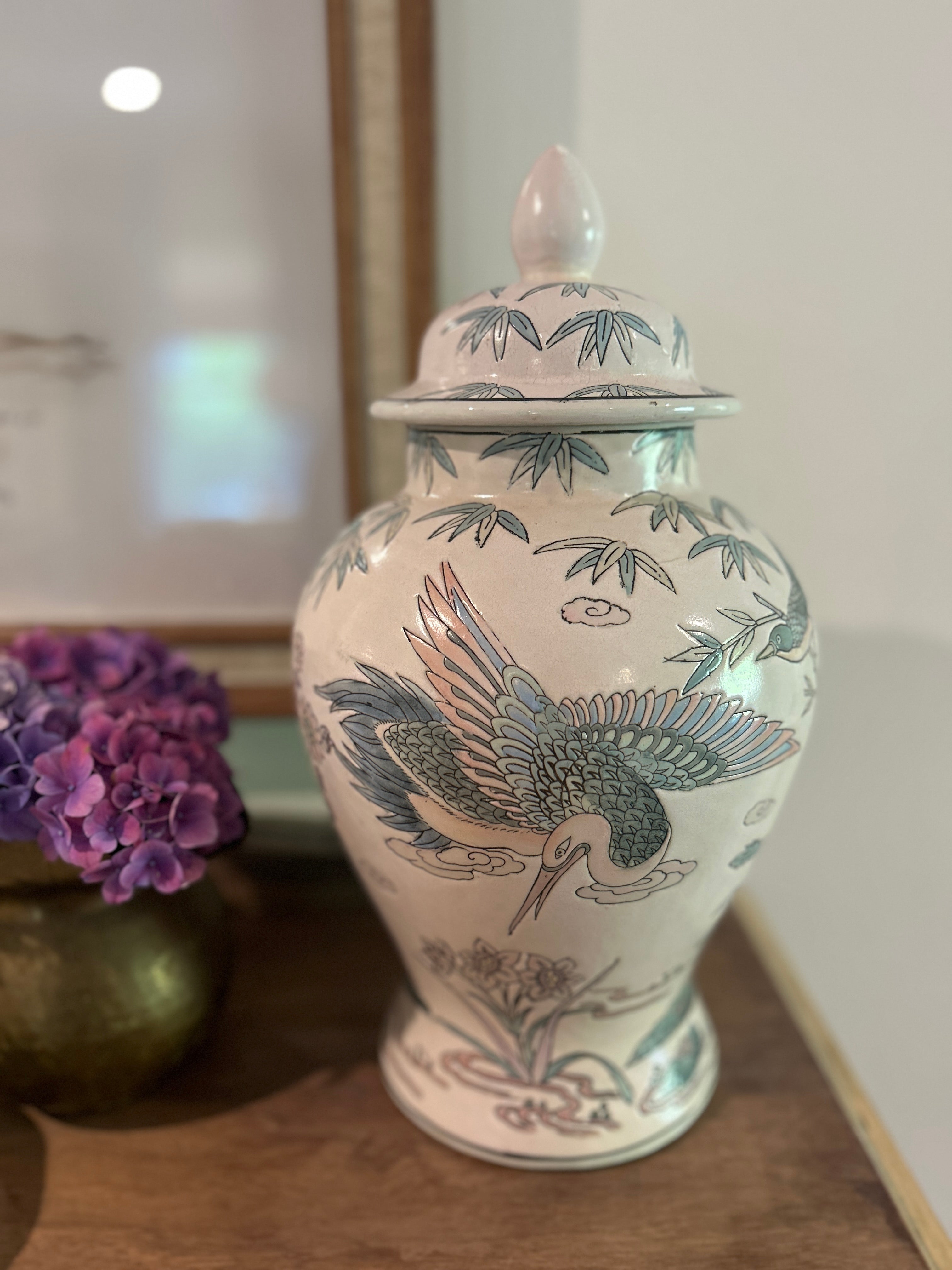 Vintage Pastel Bird and Floral Motif Ginger Jar Pair