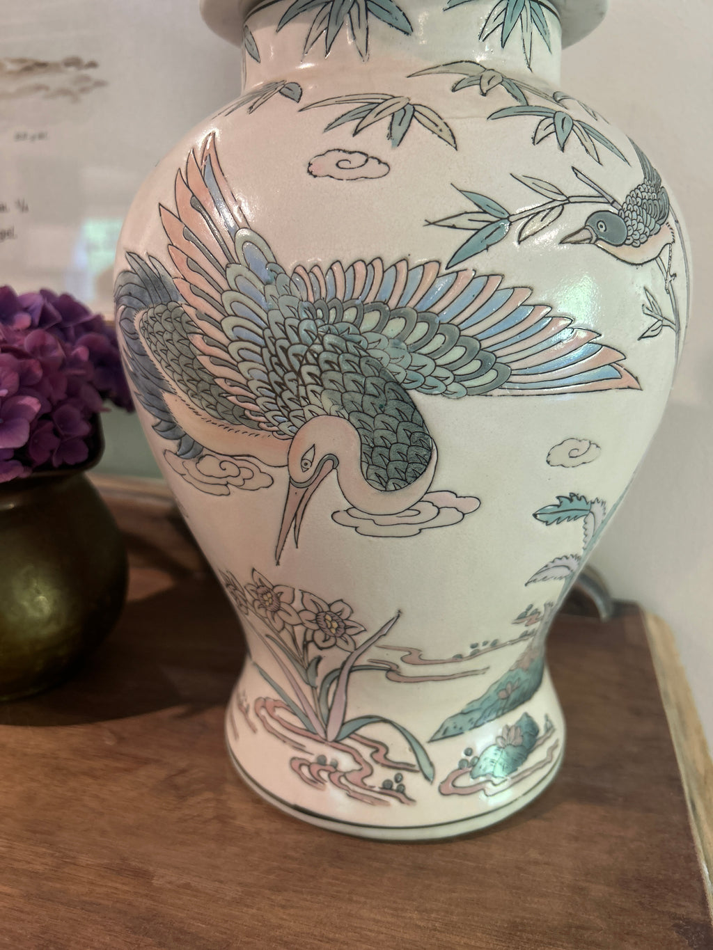 Vintage Pastel Bird and Floral Motif Ginger Jar Pair