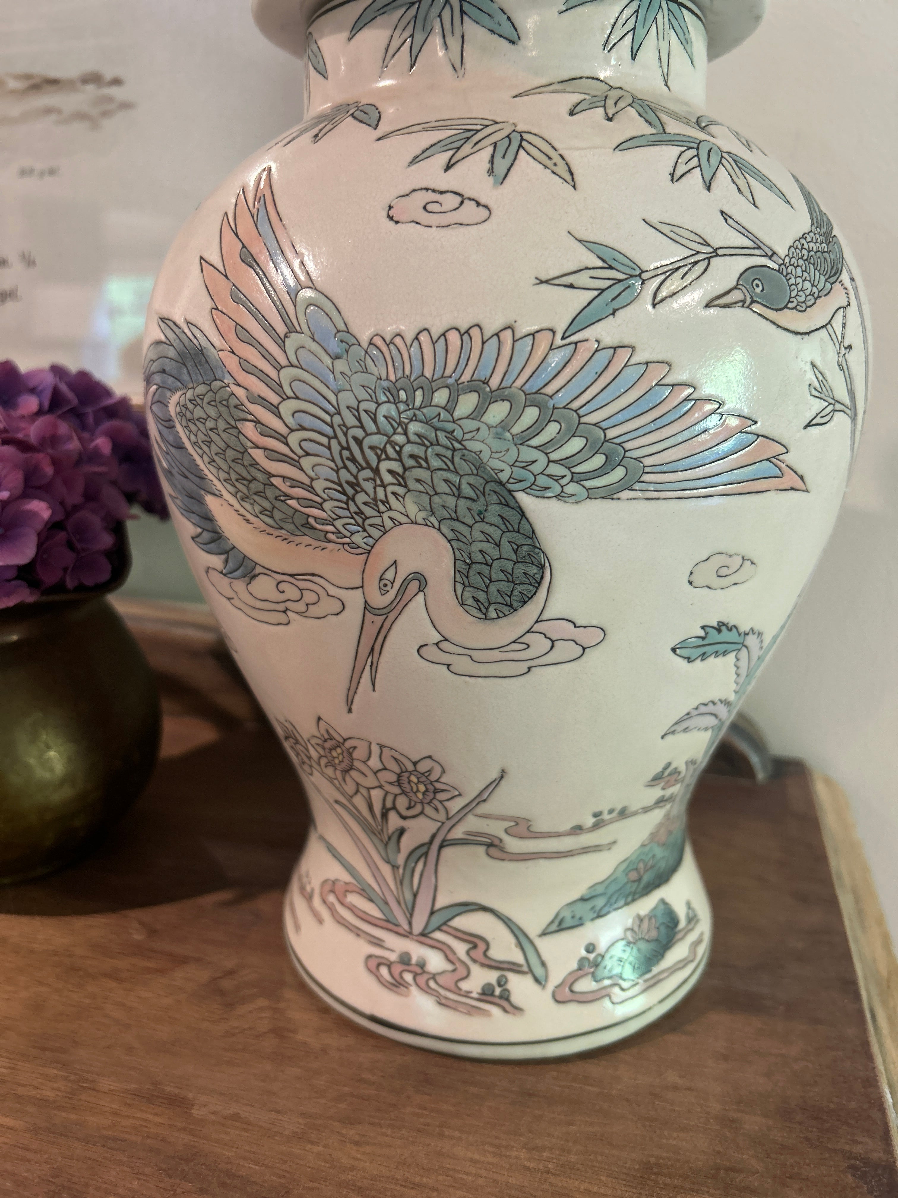 Vintage Pastel Bird and Floral Motif Ginger Jar Pair
