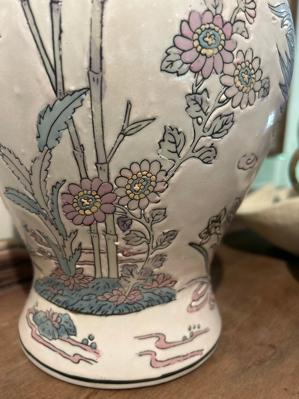 Vintage Pastel Bird and Floral Motif Ginger Jar Pair