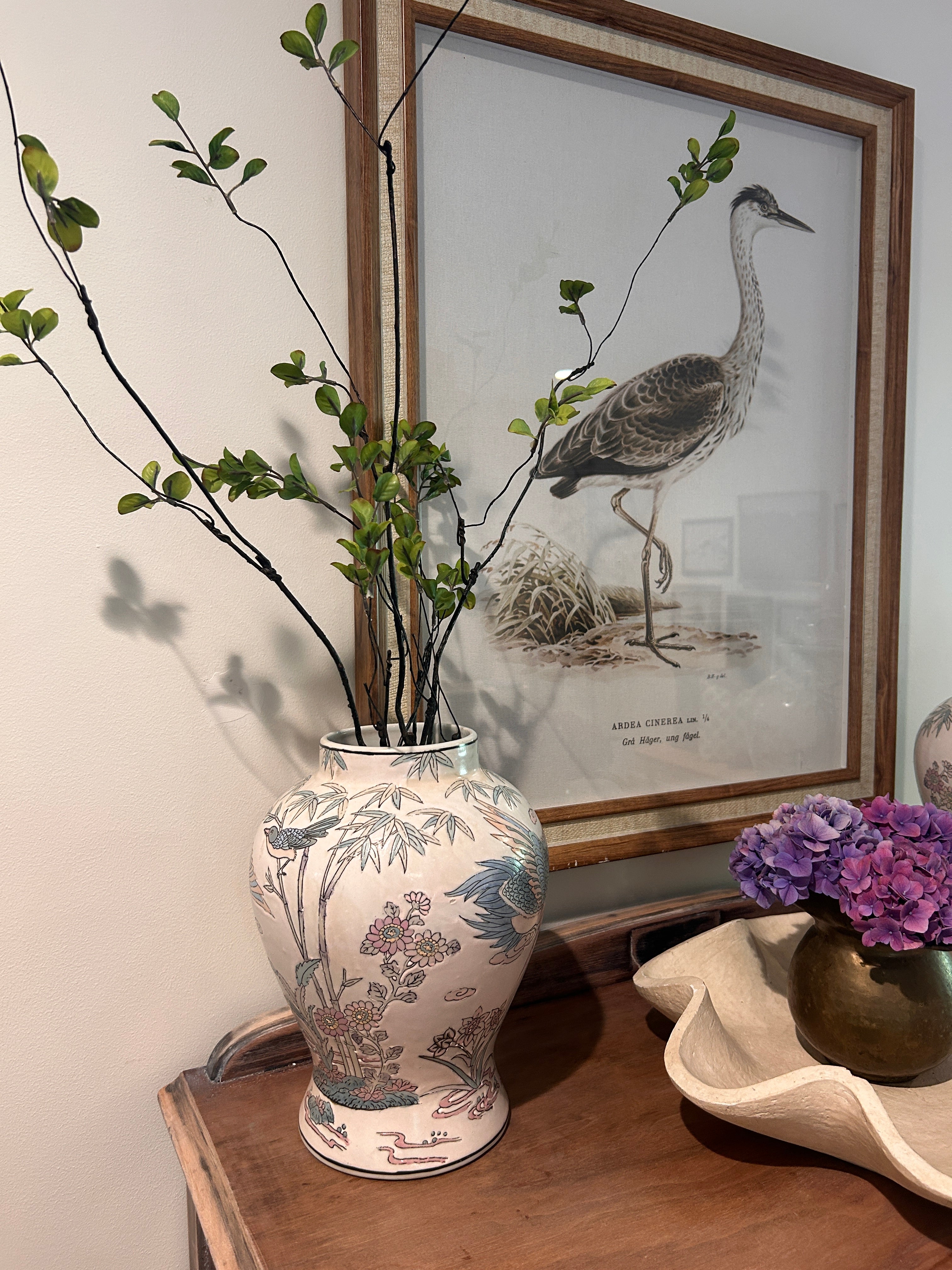 Vintage Pastel Bird and Floral Motif Ginger Jar Pair