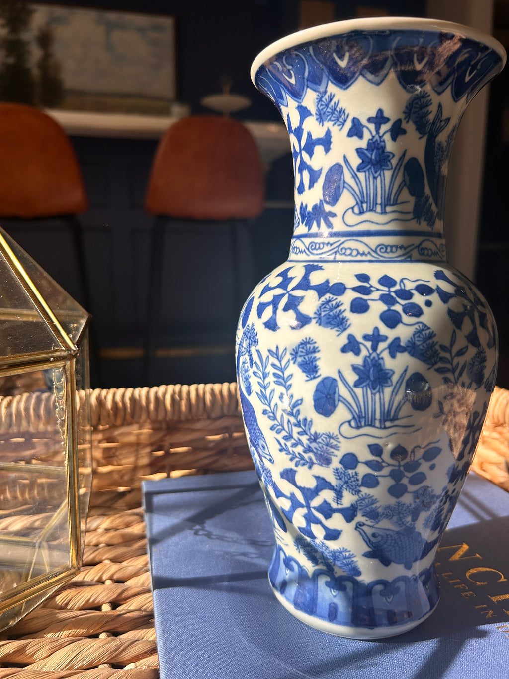Vintage Blue and White Koi Fish Vase