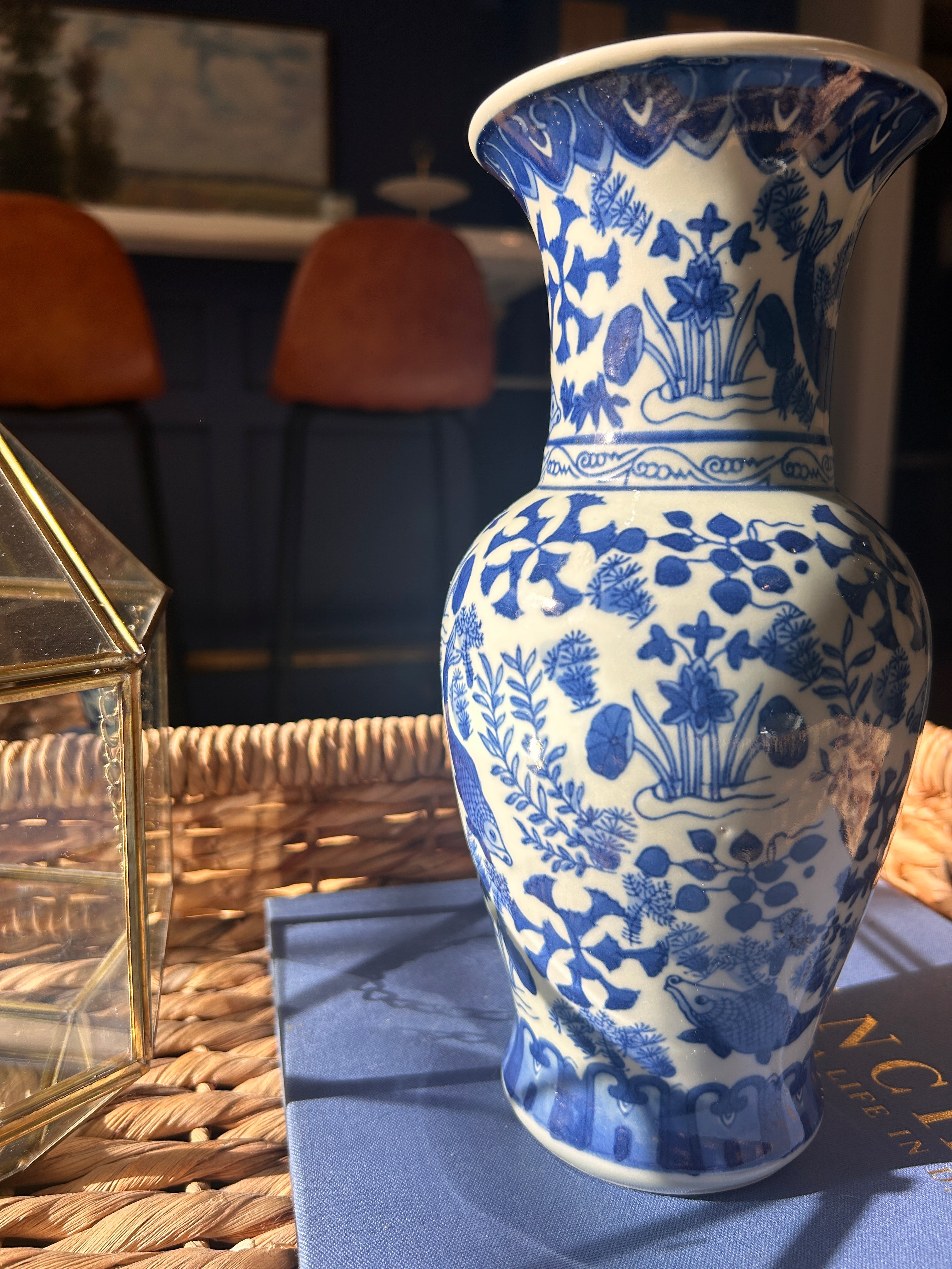 Vintage Blue and White Koi Fish Vase